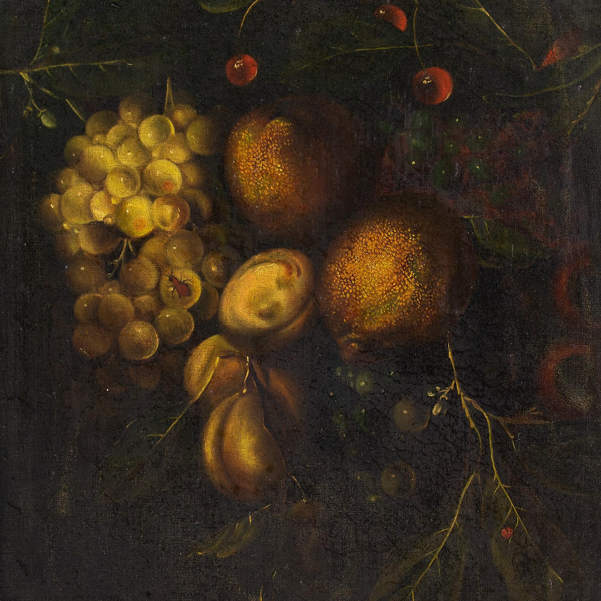 A mid-18th-century oil on canvas depicting an arrangement of fruit including cherries and grapes. The style has its roots in the Dutch golden age of painting but it’s probably French or Flemish.

Over time, the details of this painting have become