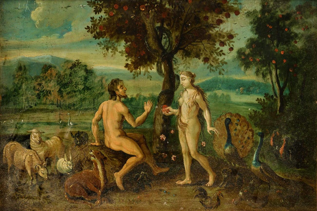 18th century Flemish figurative painting - Adam Eve, Oil on panel figure Italian - Painting by Unknown