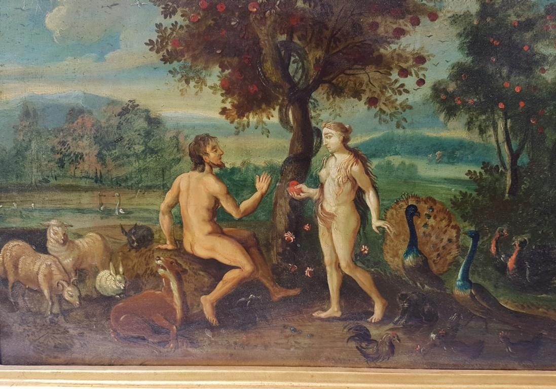 18th century Flemish figurative painting - Adam Eve, Oil on panel figure Italian - Old Masters Painting by Unknown