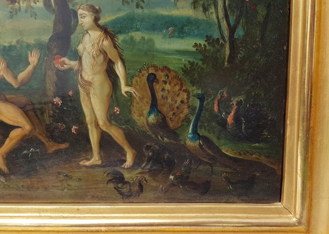 18th century Flemish figurative painting - Adam Eve, Oil on panel figure Italian 1