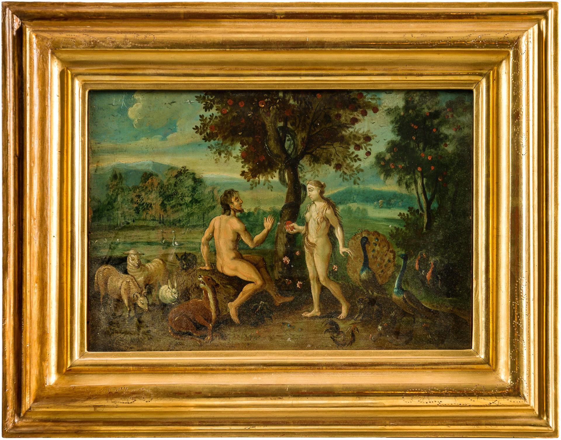 Unknown Figurative Painting - 18th century Flemish figurative painting - Adam Eve, Oil on panel figure Italian