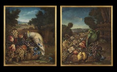 18th Century Flemish School Pair of Still Life Oil on canvasFlowers Fruit Green