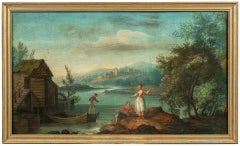 18th century French landscape painting - Arcadian river - Oil on canvas Rococò