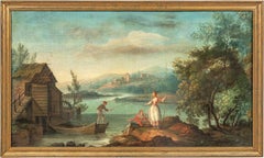 Antique 18th century French landscape painting - Arcadian river - Oil on canvas Rococò
