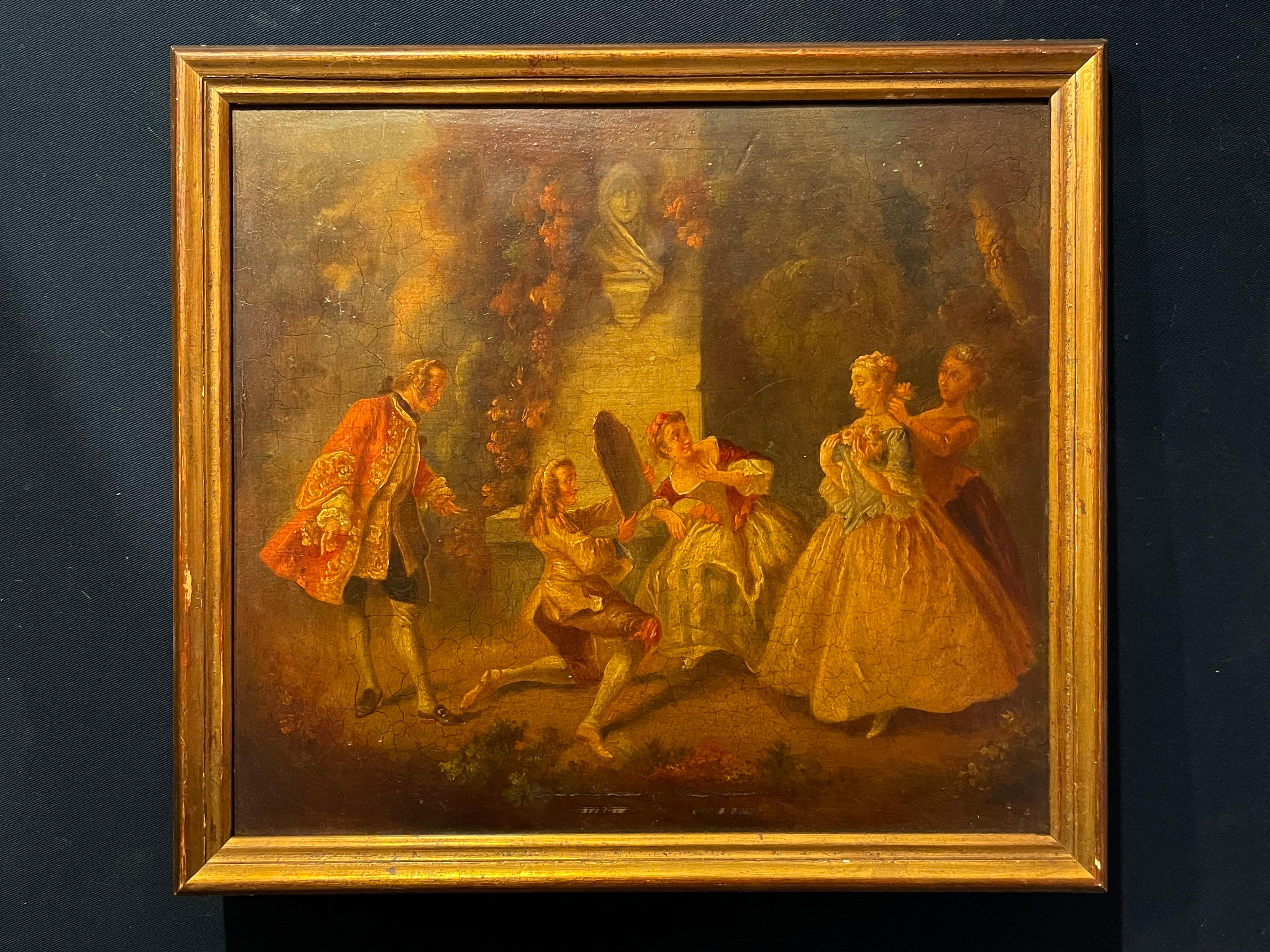 18th CENTURY FRENCH ROCOCO OIL ON WOOD PANEL - ELEGANT FIGURES IN PARKLAND - Painting by Unknown