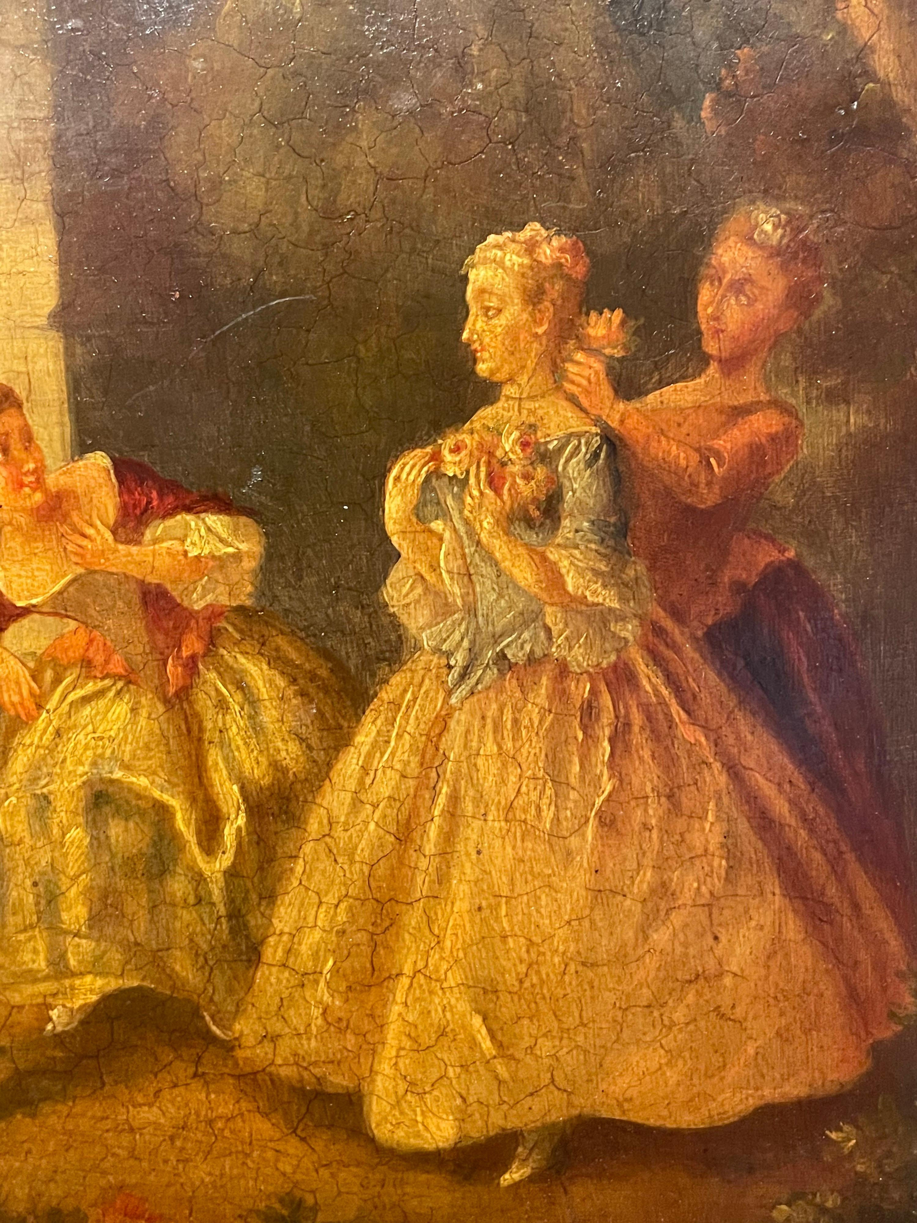 18th CENTURY FRENCH ROCOCO OIL ON WOOD PANEL - ELEGANT FIGURES IN PARKLAND - Brown Figurative Painting by Unknown