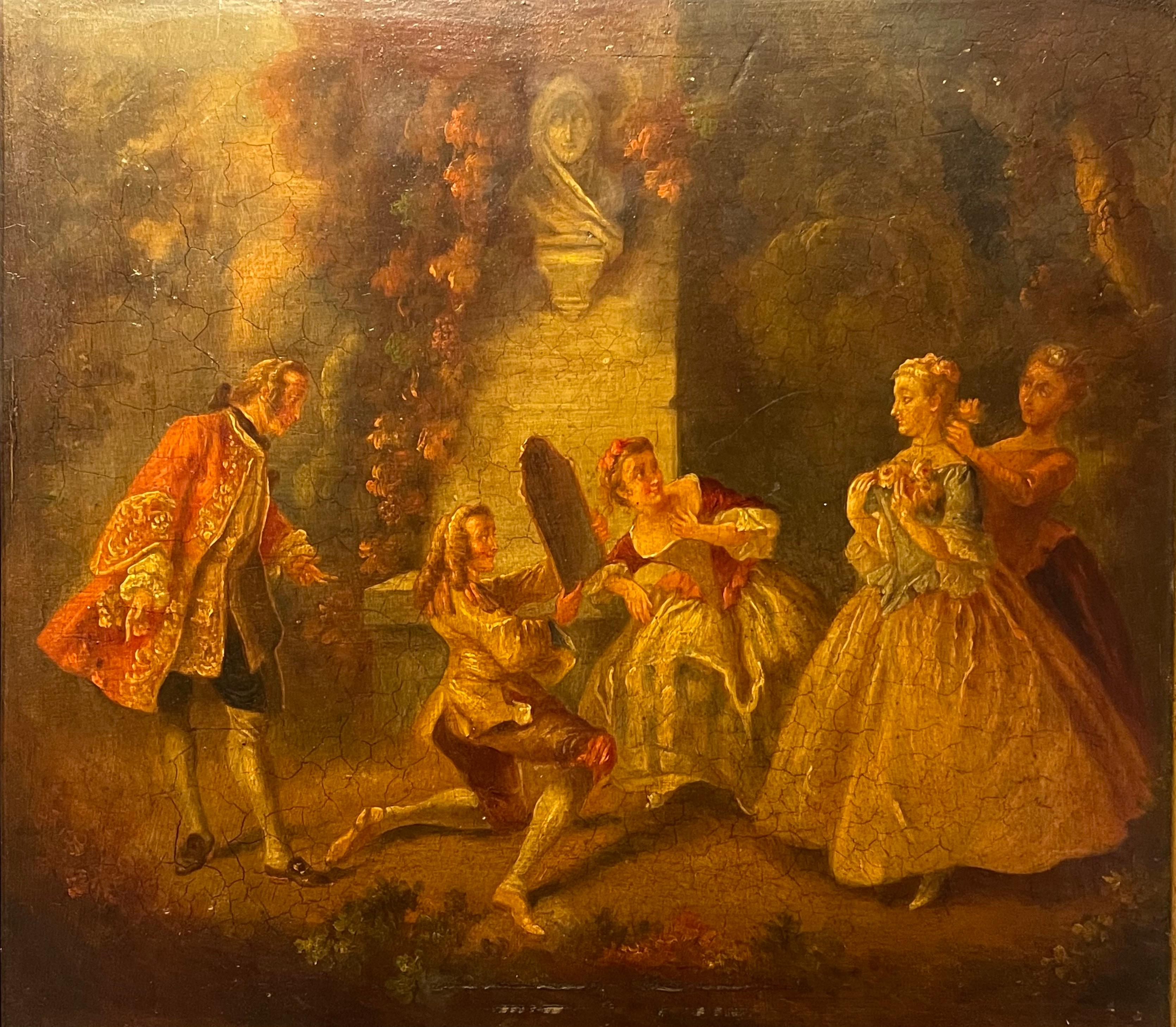 Unknown Figurative Painting - 18th CENTURY FRENCH ROCOCO OIL ON WOOD PANEL - ELEGANT FIGURES IN PARKLAND