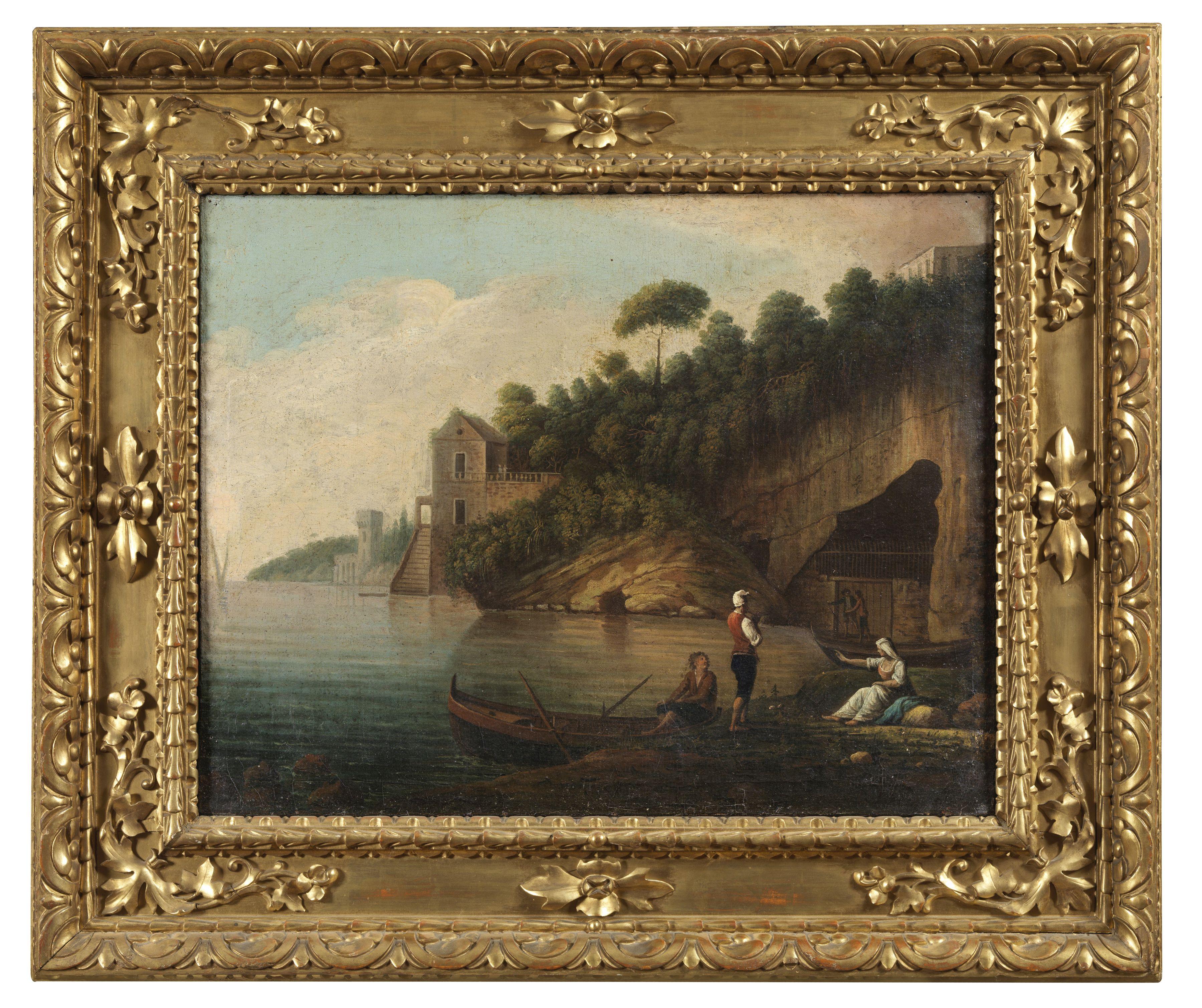 18th Century French School Costal View Oil on Canvas Marine Landscape Blu Yellow - Black Landscape Painting by Unknown