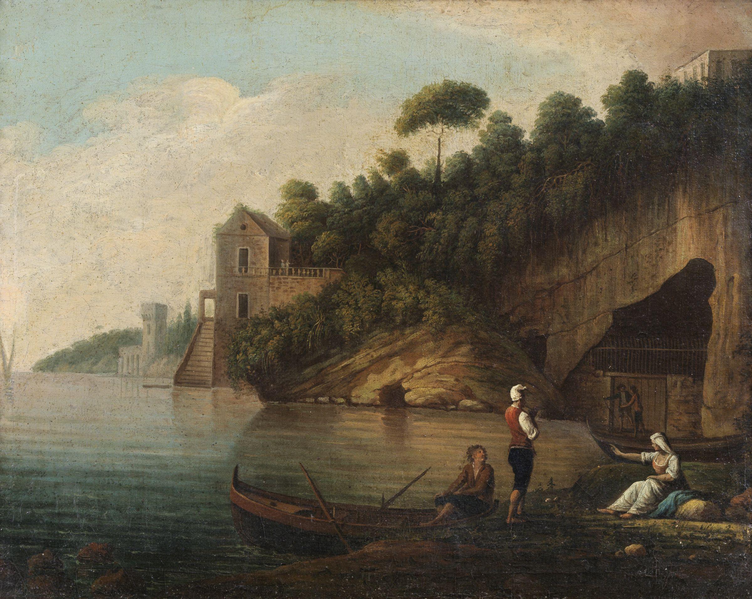 Unknown Landscape Painting - 18th Century French School Costal View Oil on Canvas Marine Landscape Blu Yellow