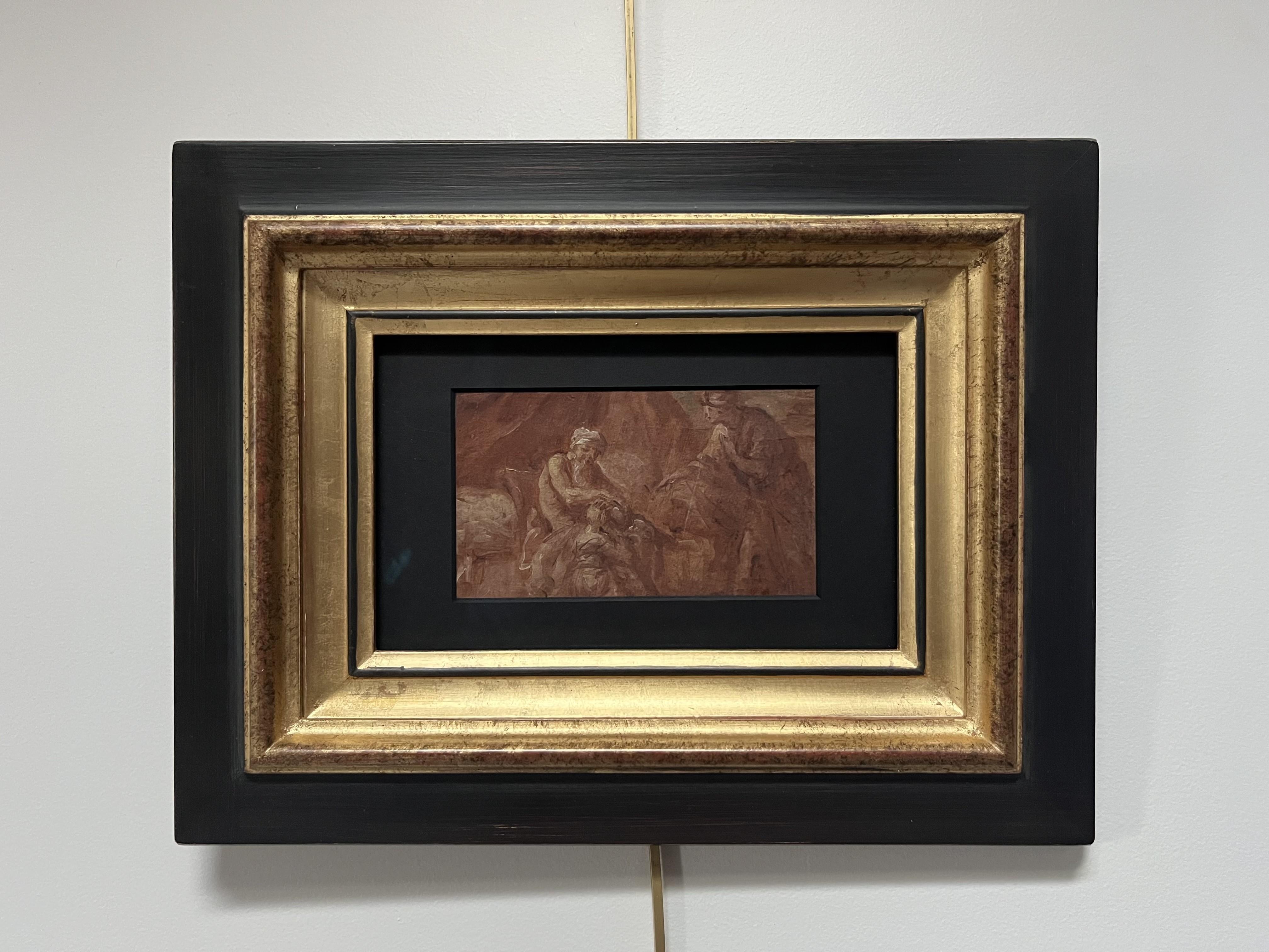 Französische Schule des 18. Jahrhunderts
Der Segen, 
Öl auf Papier
8 x 14 cm (Ansicht)
In einem modernen Rahmen  27 x 35 cm

Das Thema dieses kleinen Gemäldes kann als Jakob identifiziert werden, der Josephs Söhne segnet (Buch Genesis, Kapitel 48).