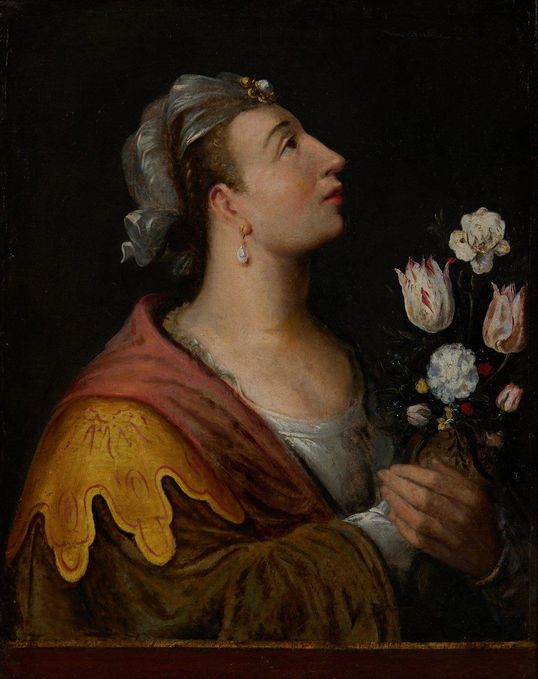 Ritratto di scuola francese del XVIII secolo di un'attrice con fiori - Painting di Unknown
