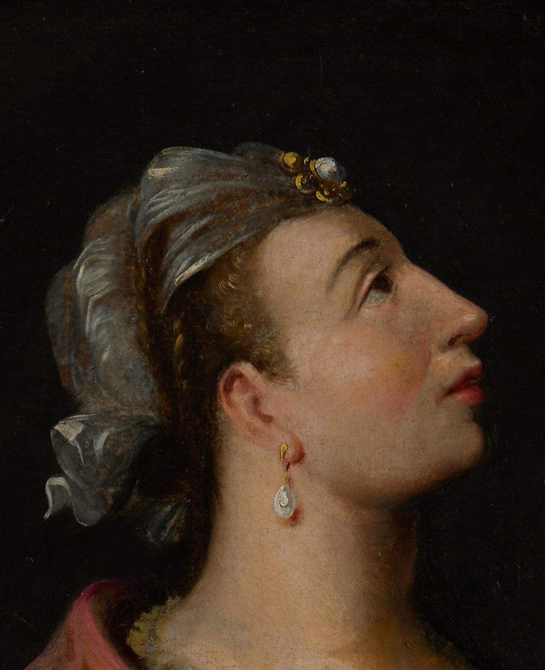 Ritratto di scuola francese del XVIII secolo di un'attrice con fiori - Portrait Painting Marrone di Unknown