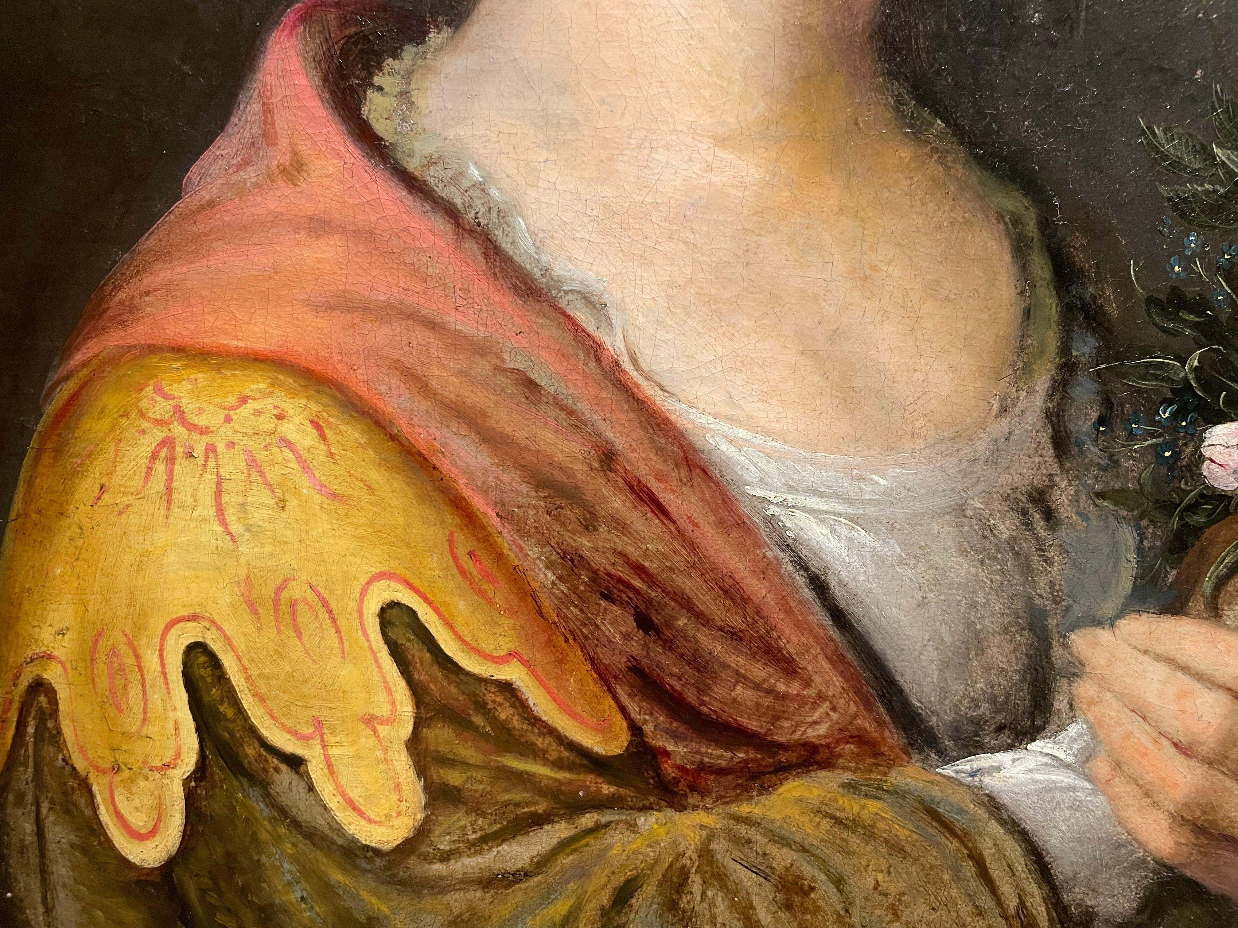 Ritratto di scuola francese del XVIII secolo di un'attrice con fiori in vendita 2