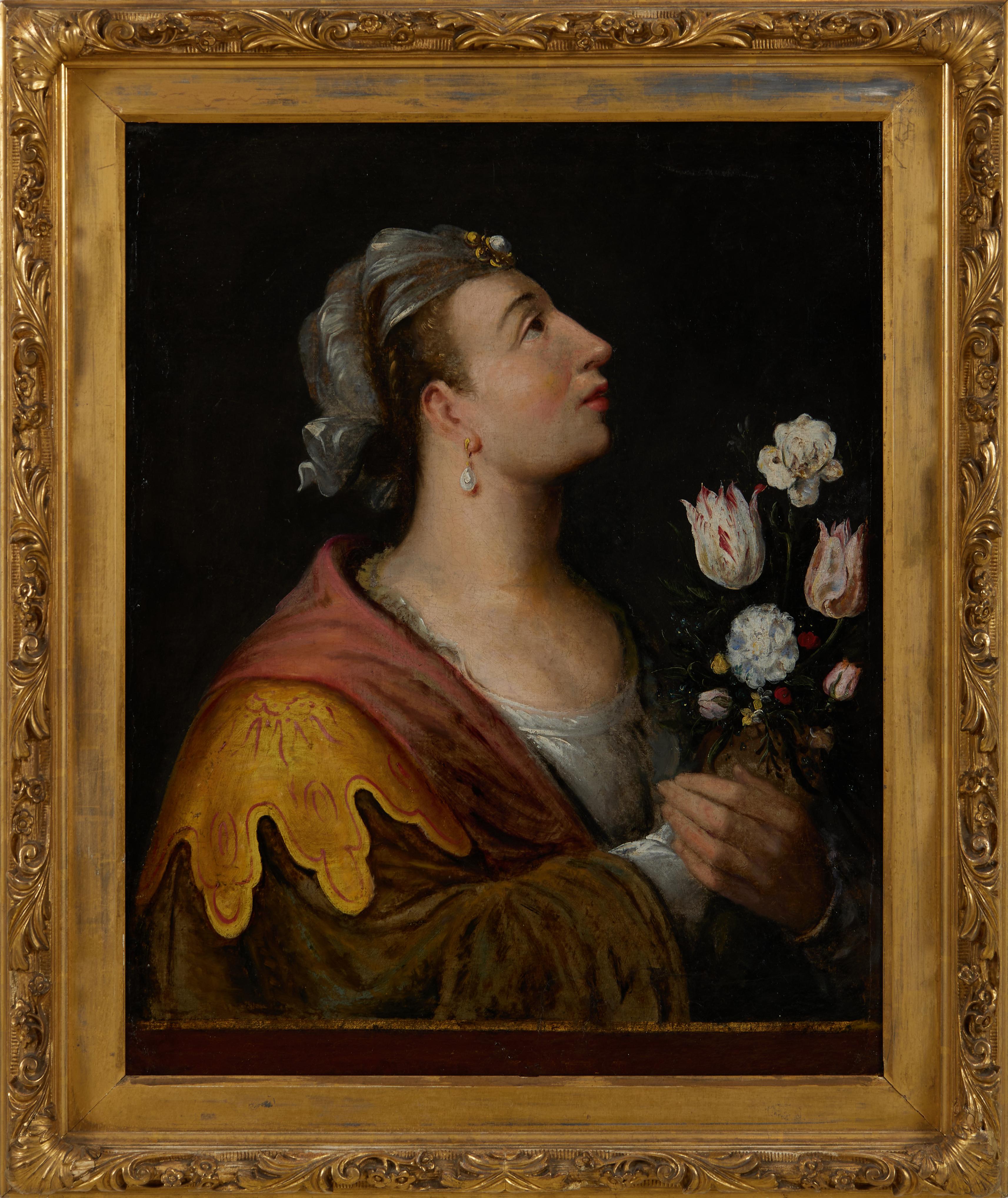 Portrait d
un actrice avec des fleurs de l
école française du 18e siècle