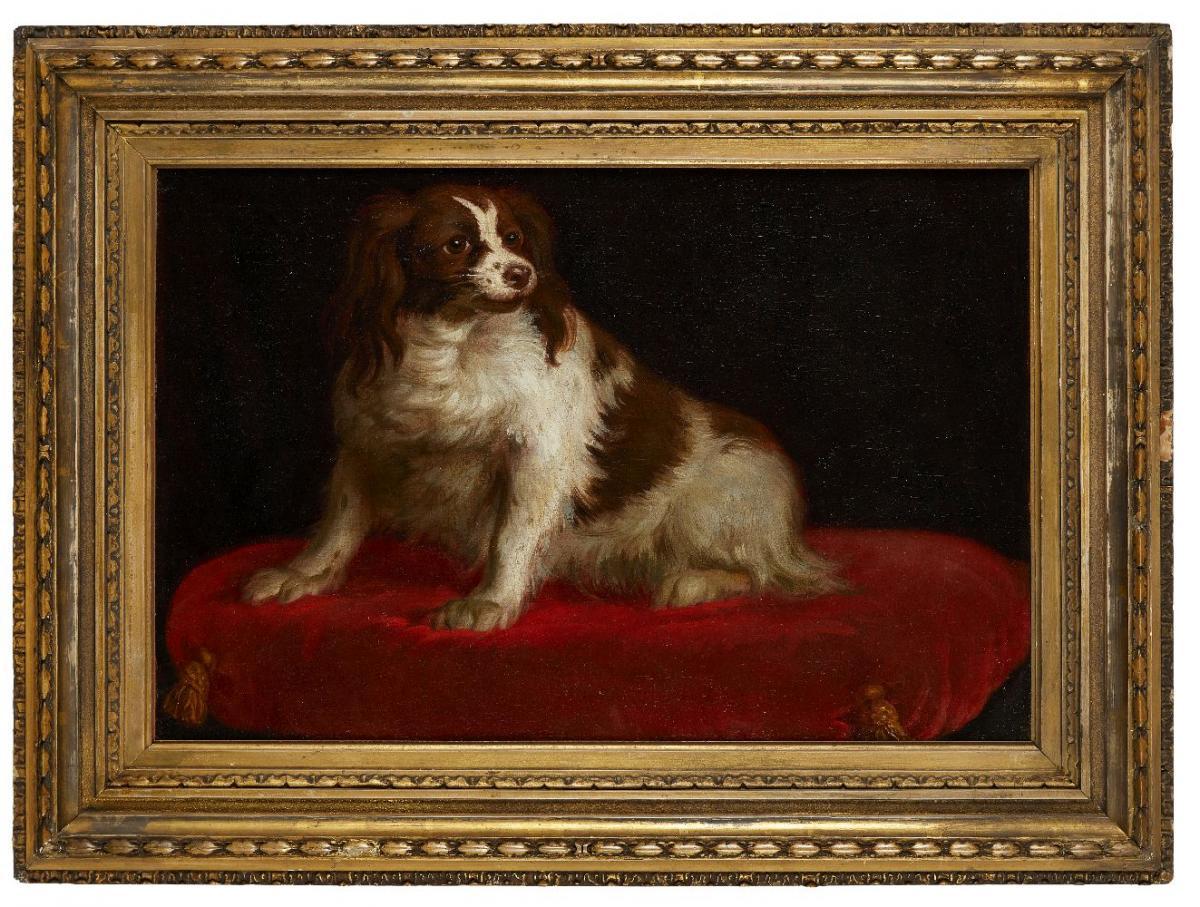 18th century German school portrait painting of a royal spaniel on a red cushion - Painting by Unknown