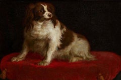 18th century German school portrait painting of a royal spaniel on a red cushion