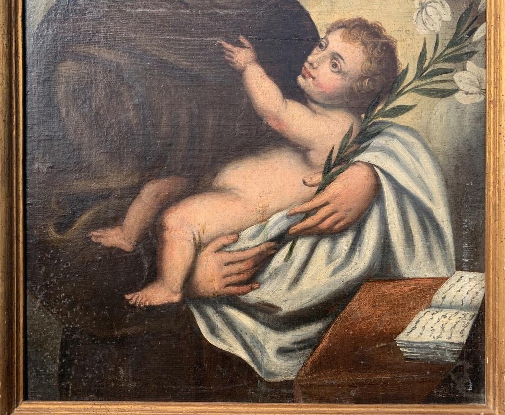 Italian master (18th century) - Saint Anthony of Padua with Child.

87 x 57 cm without frame, 96 x 67 cm with frame.

Oil on canvas, in a gilded wooden frame (some breaks).

Condition report: Lined canvas. Good state of conservation of the pictorial