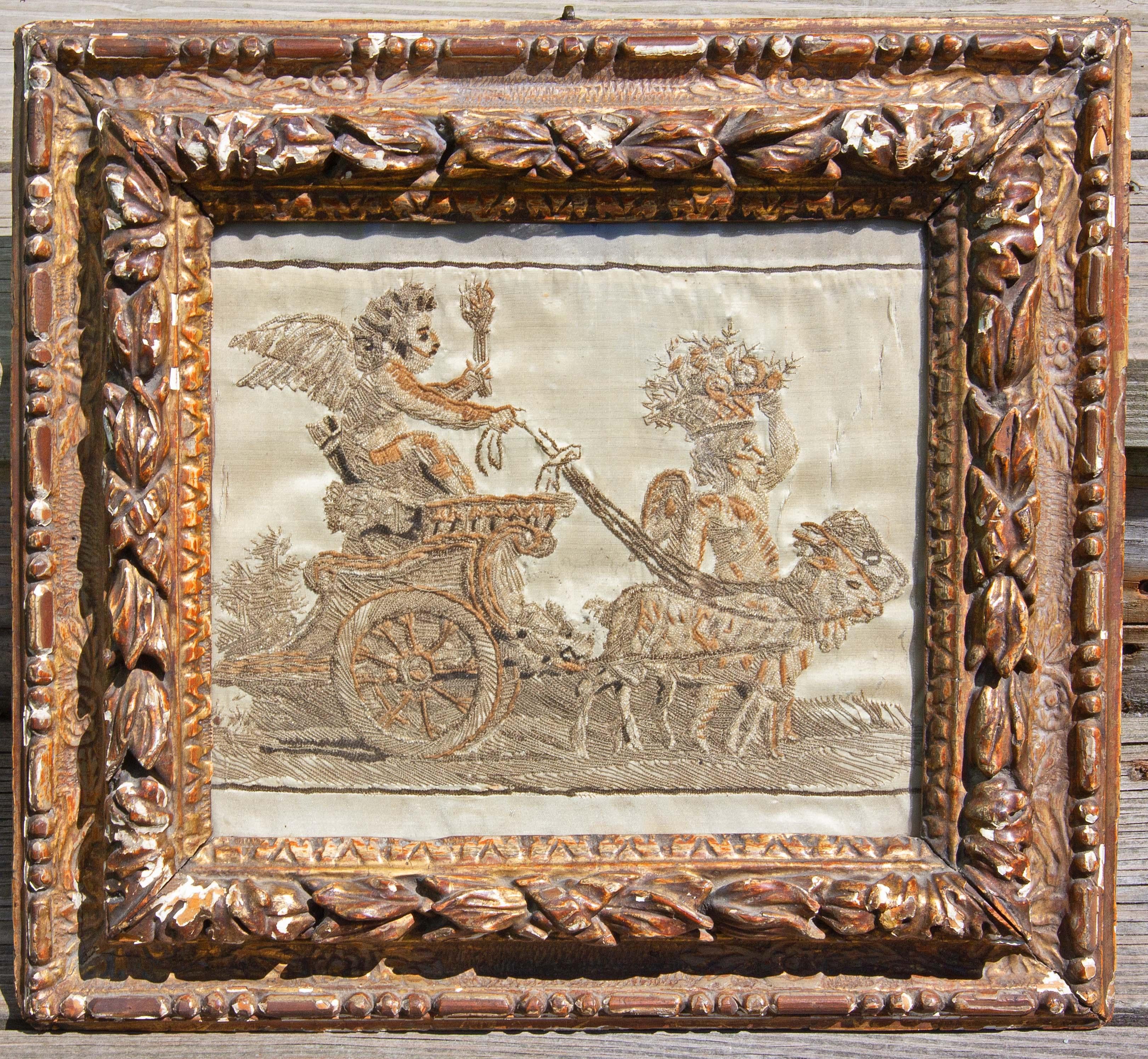 Unknown Figurative Painting - 18th Century Italian Framed Silk Embroidery of a Cherub Riding a Chariot