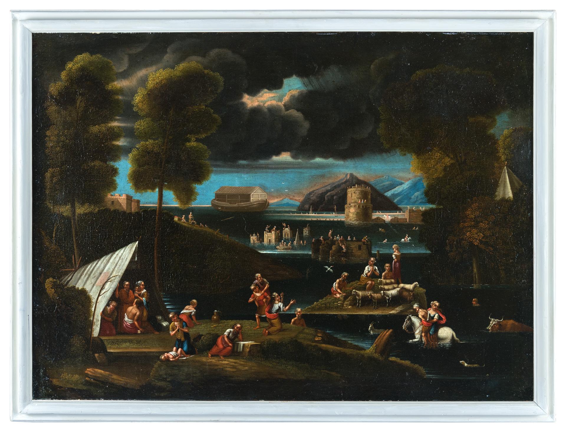 18th century Italian landscape painting - Noah Ark - Oil on canvas figure Italy