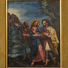 Pintura al temple sobre tabla de un antiguo maestro italiano del siglo XVIII "Jesús camino de Emaús"