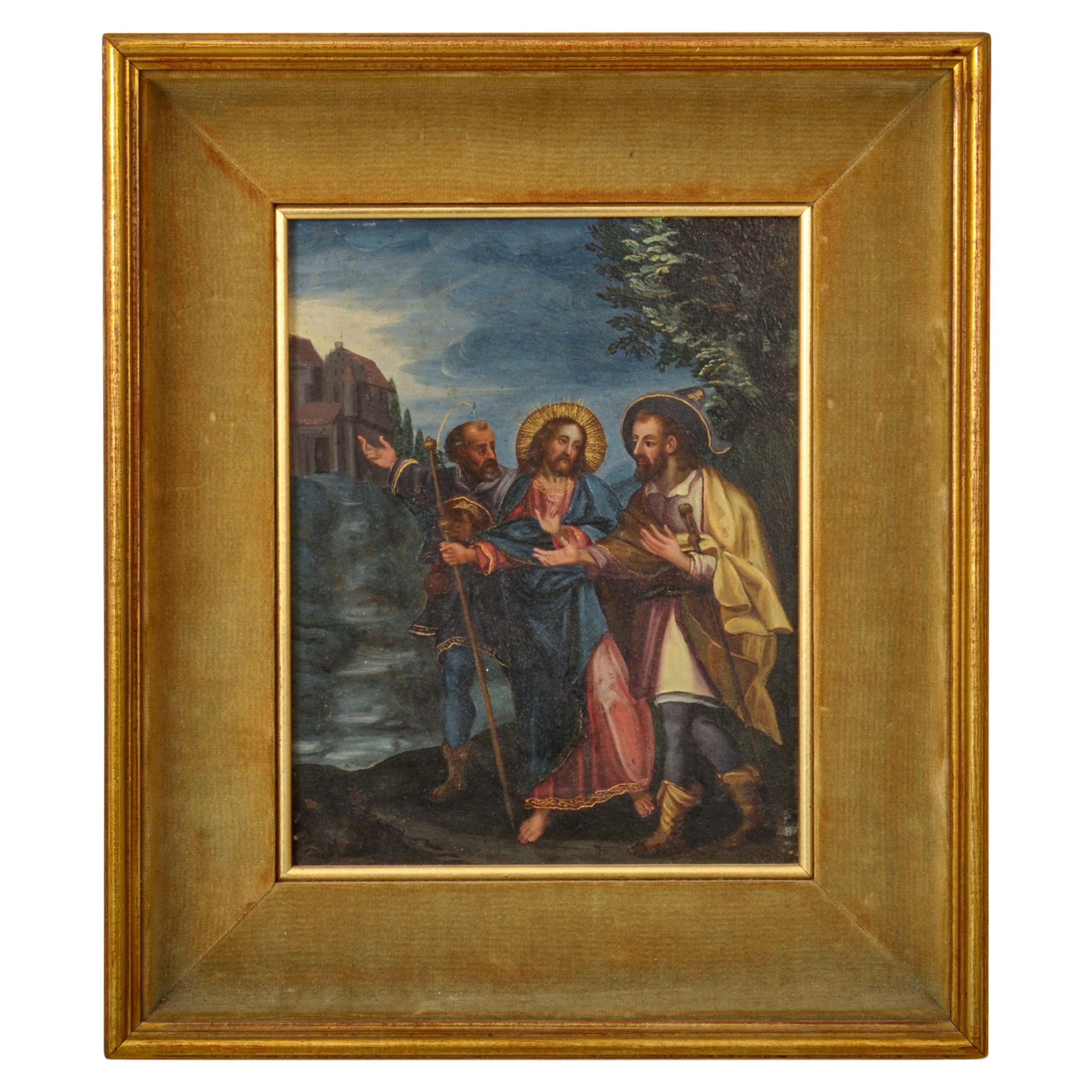 Figurative Painting de Unknown - Pintura al temple sobre tabla de un antiguo maestro italiano del siglo XVIII "Jesús camino de Emaús"