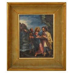 18th Century Italian Old Master Tempera on Panel Painting "Jesus Road to Emmaus"
