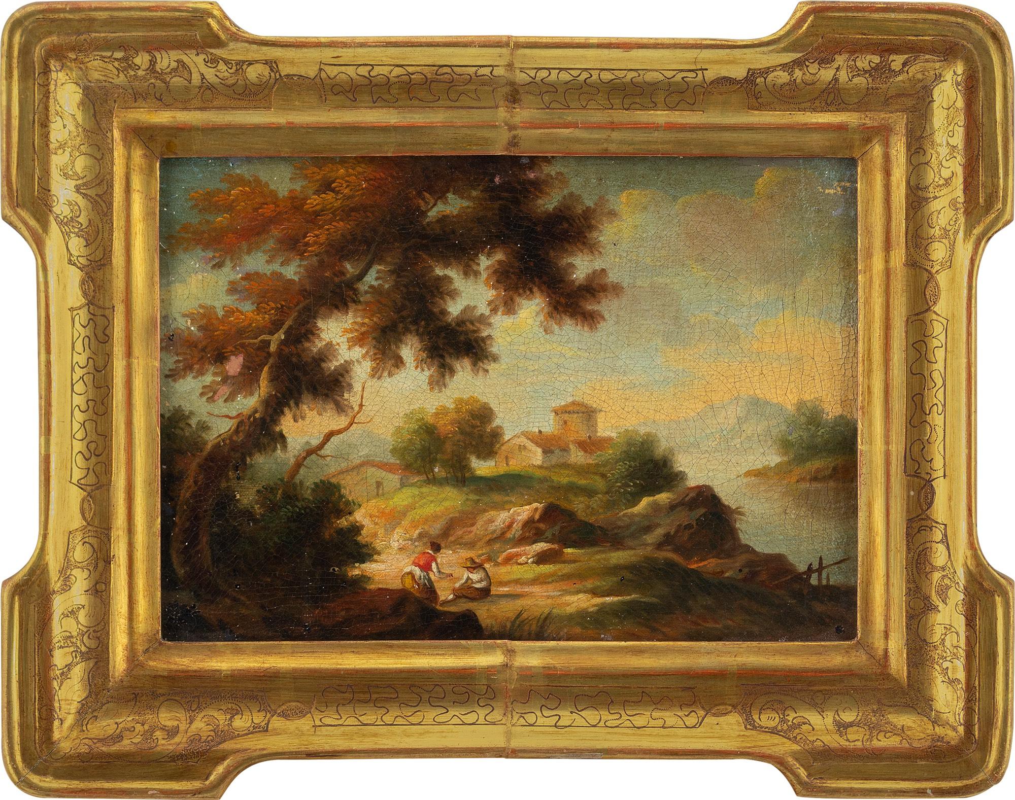 Unknown Landscape Painting - 18th-Century Italian School Landscape With Figures, Oil Painting