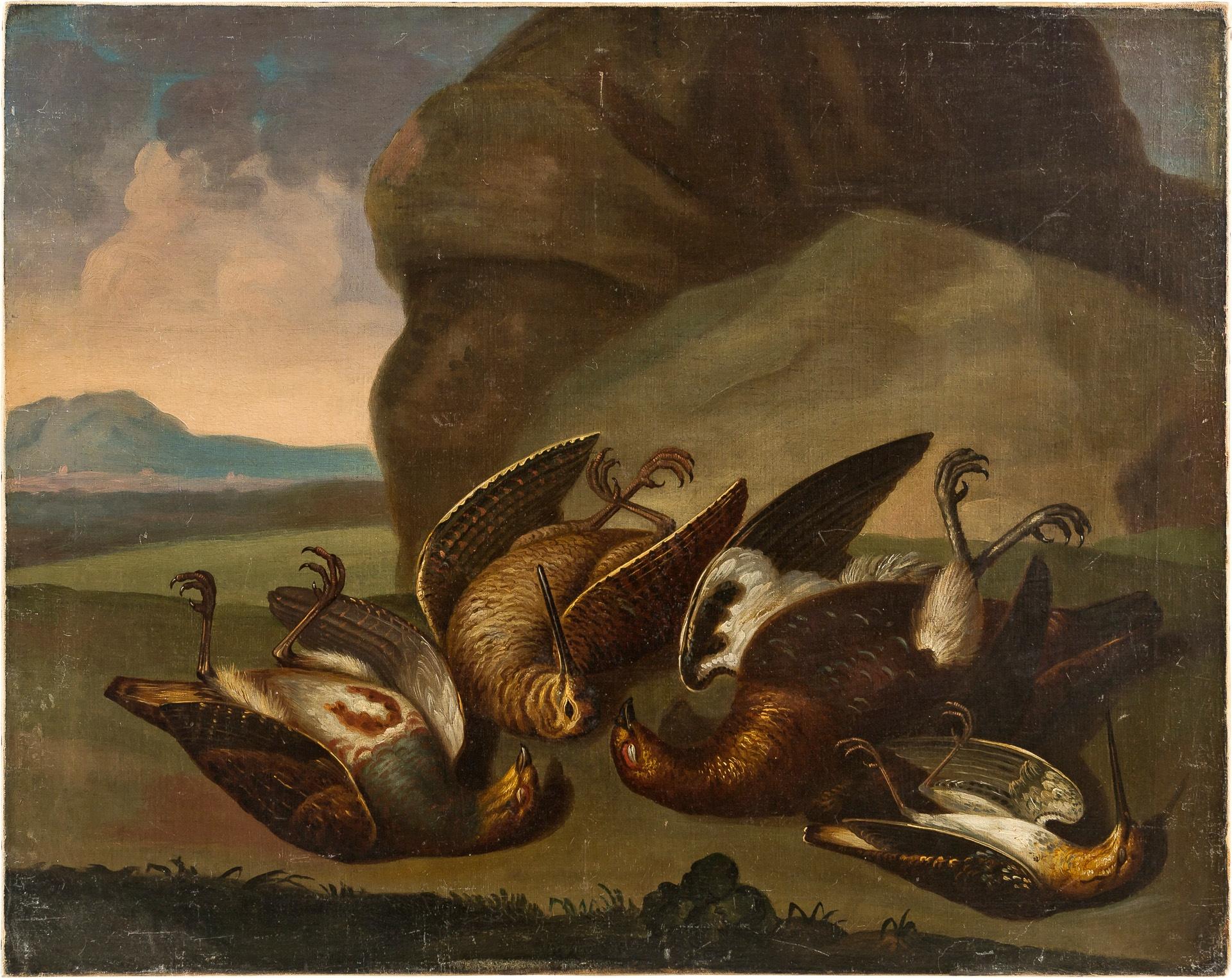 Unknown Still-Life Painting - 18th century Italian still life painting - Birds figures - oil on canvas Animal