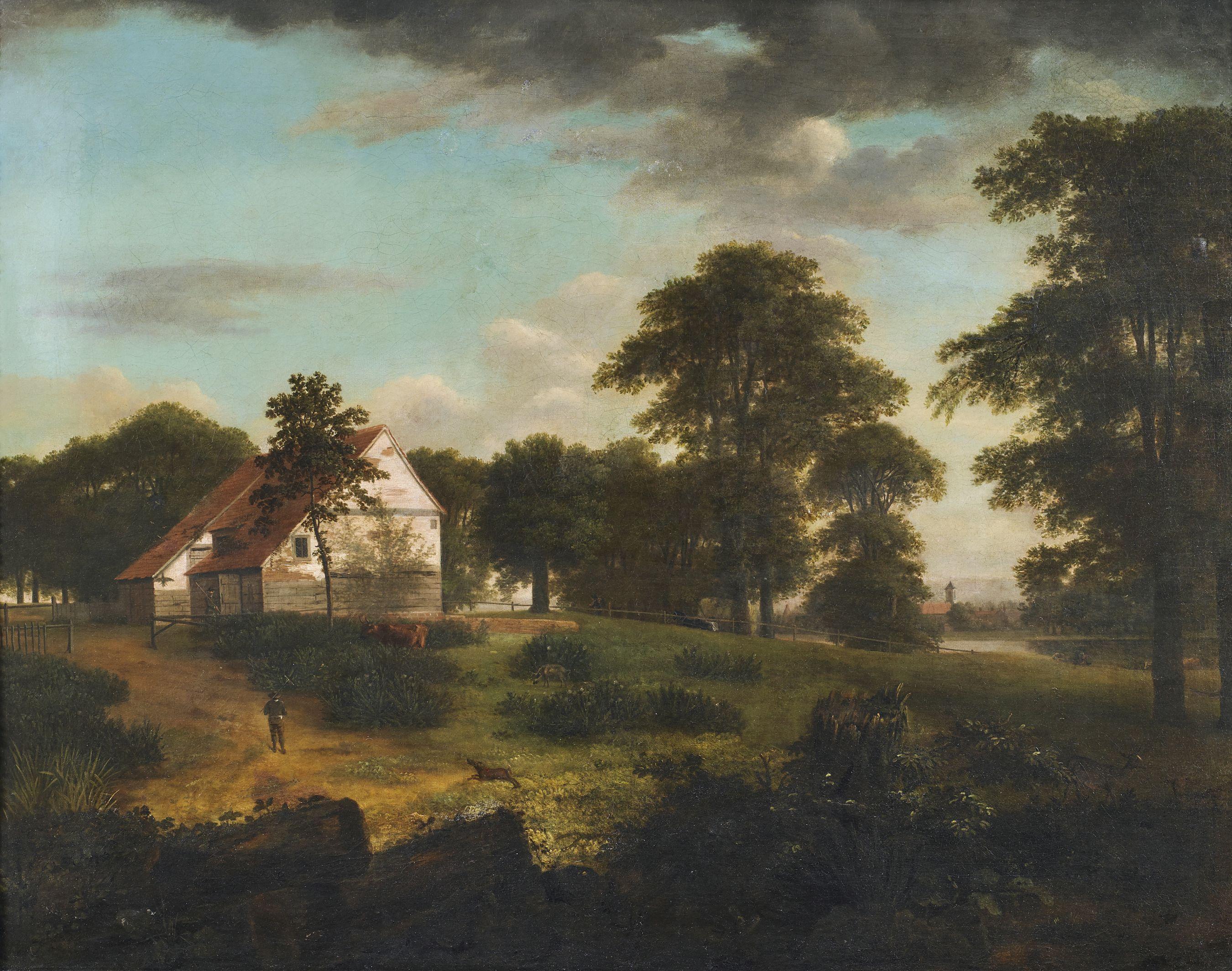 Unknown Landscape Painting - 18th Century Landscape Flemish School Nature Oil on Canvas Green White Brown