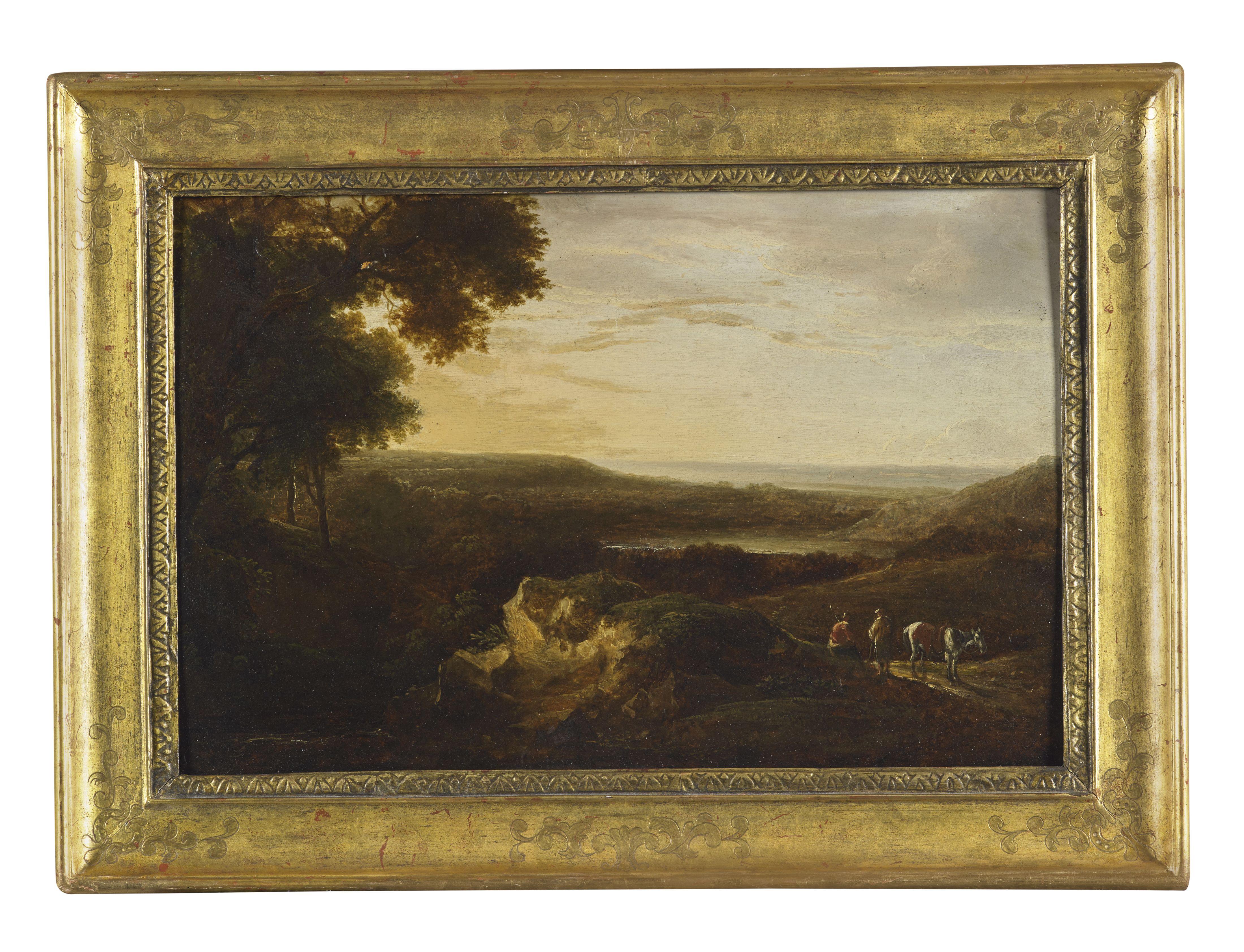 paysage du XVIIIe siècle École flamande Nature Wayfarers Huile sur toile Vert  - Painting de Unknown