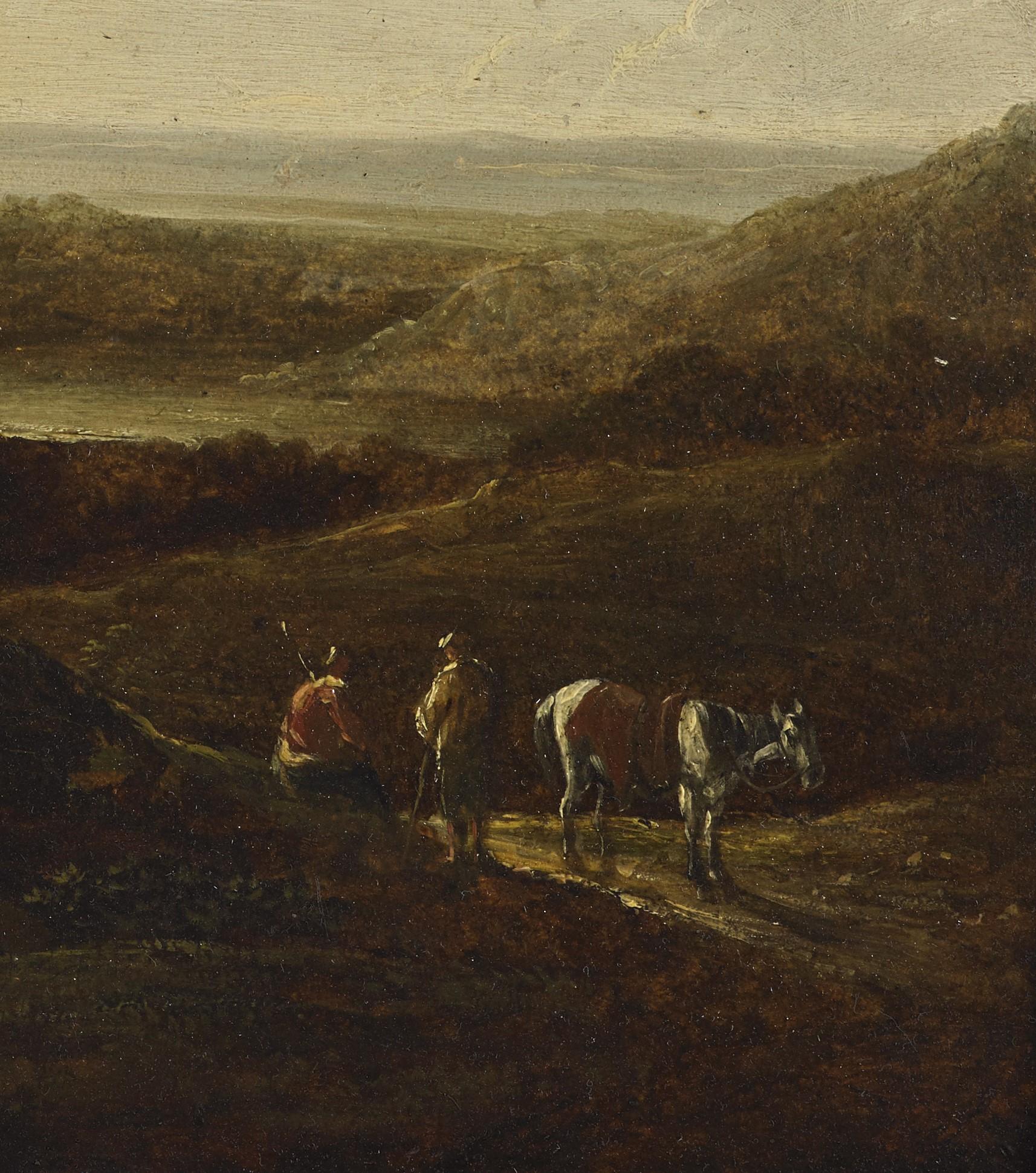 18. Jahrhundert Landschaft Flämische Schule Natur Wanderer Öl auf Leinwand Grün  (Black), Landscape Painting, von Unknown