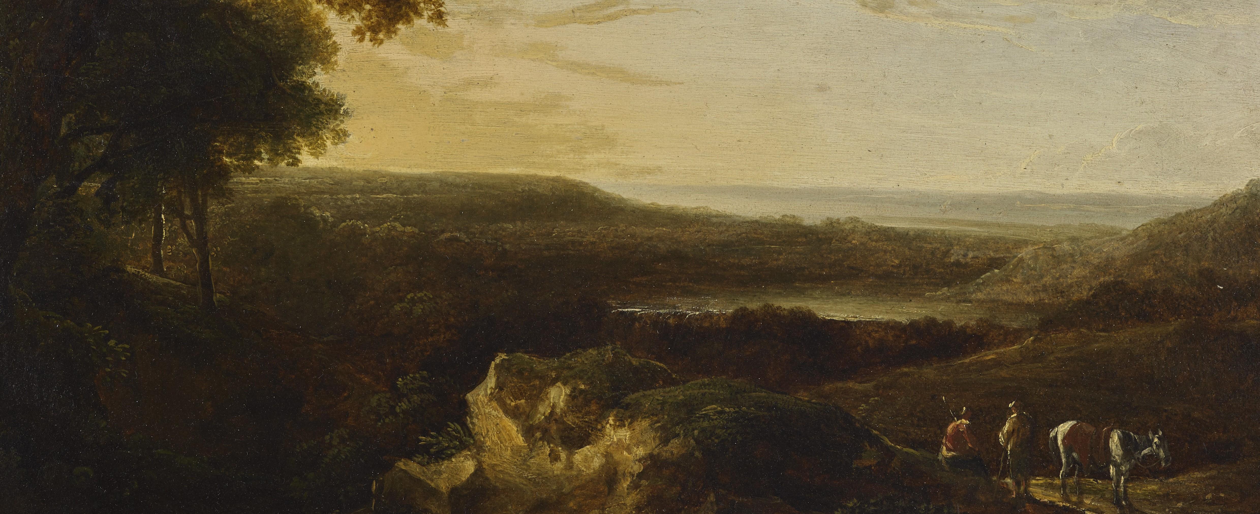 paysage du XVIIIe siècle École flamande Nature Wayfarers Huile sur toile Vert  en vente 1