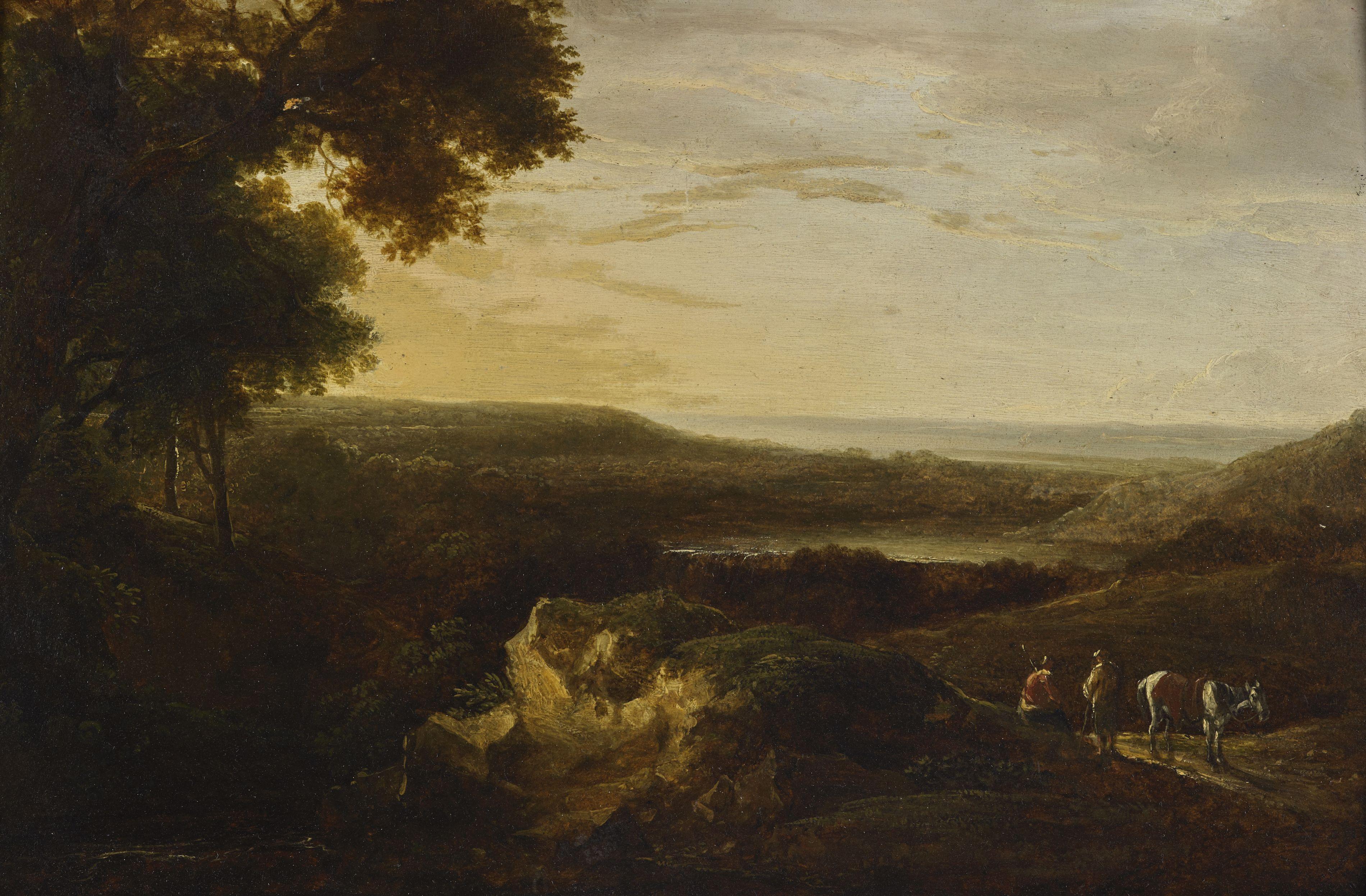 Landscape Painting Unknown - paysage du XVIIIe siècle École flamande Nature Wayfarers Huile sur toile Vert 