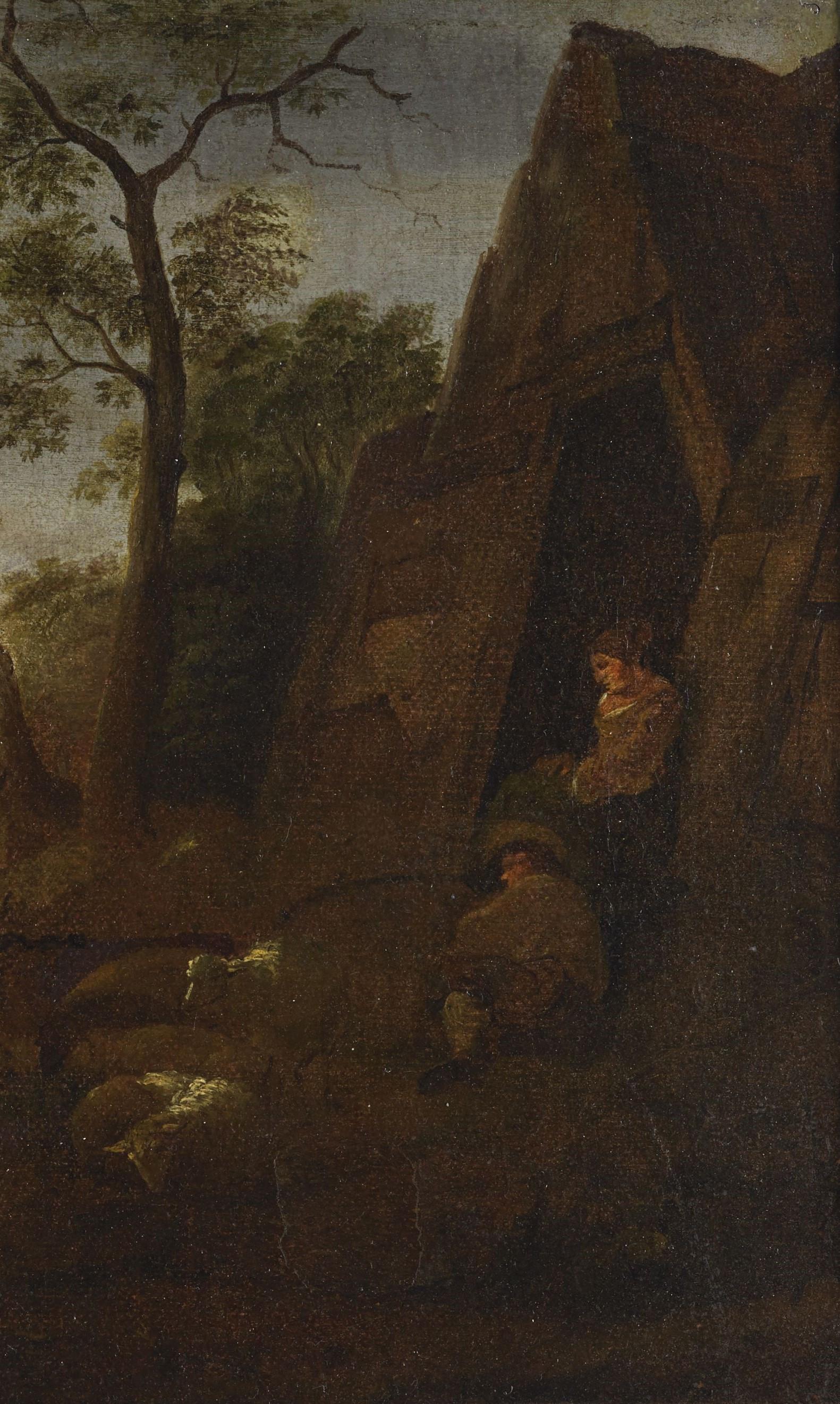 Paysage du XVIIIe siècle de l'école flamande Gens et vaches Huile sur toile verte - Painting de Unknown