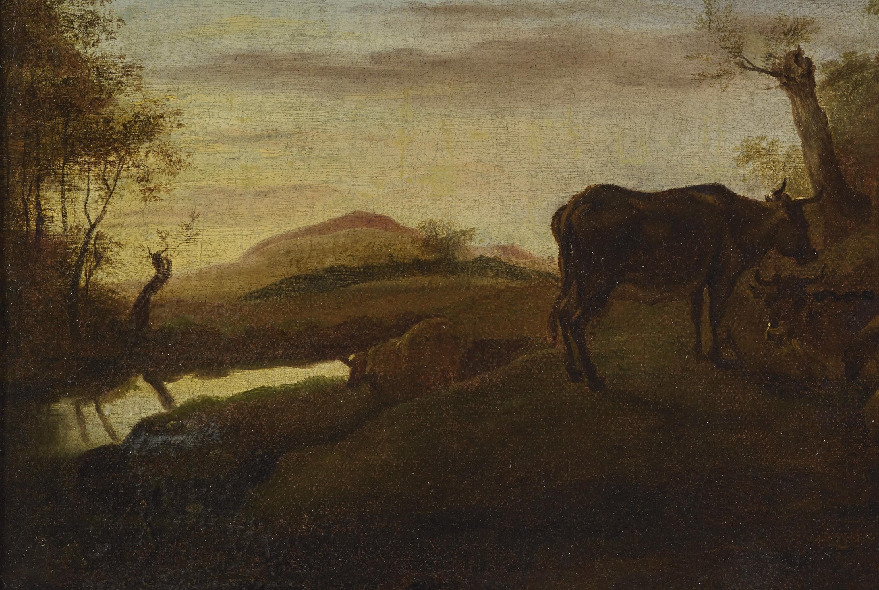 Paysage du XVIIIe siècle de l'école flamande Gens et vaches Huile sur toile verte - École flamande Painting par Unknown