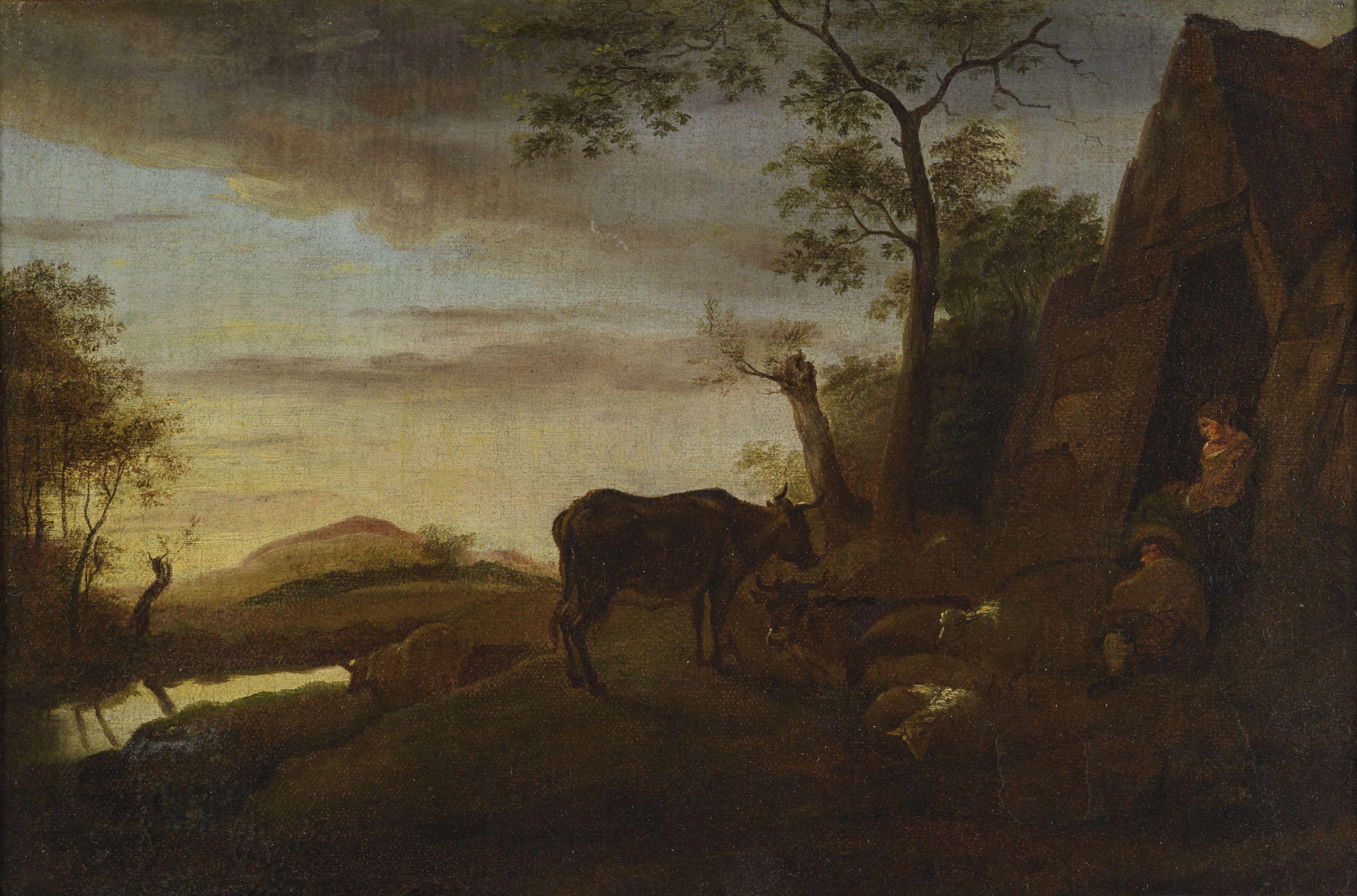 Paysage du XVIIIe siècle de l'école flamande Gens et vaches Huile sur toile verte - Brown Landscape Painting par Unknown