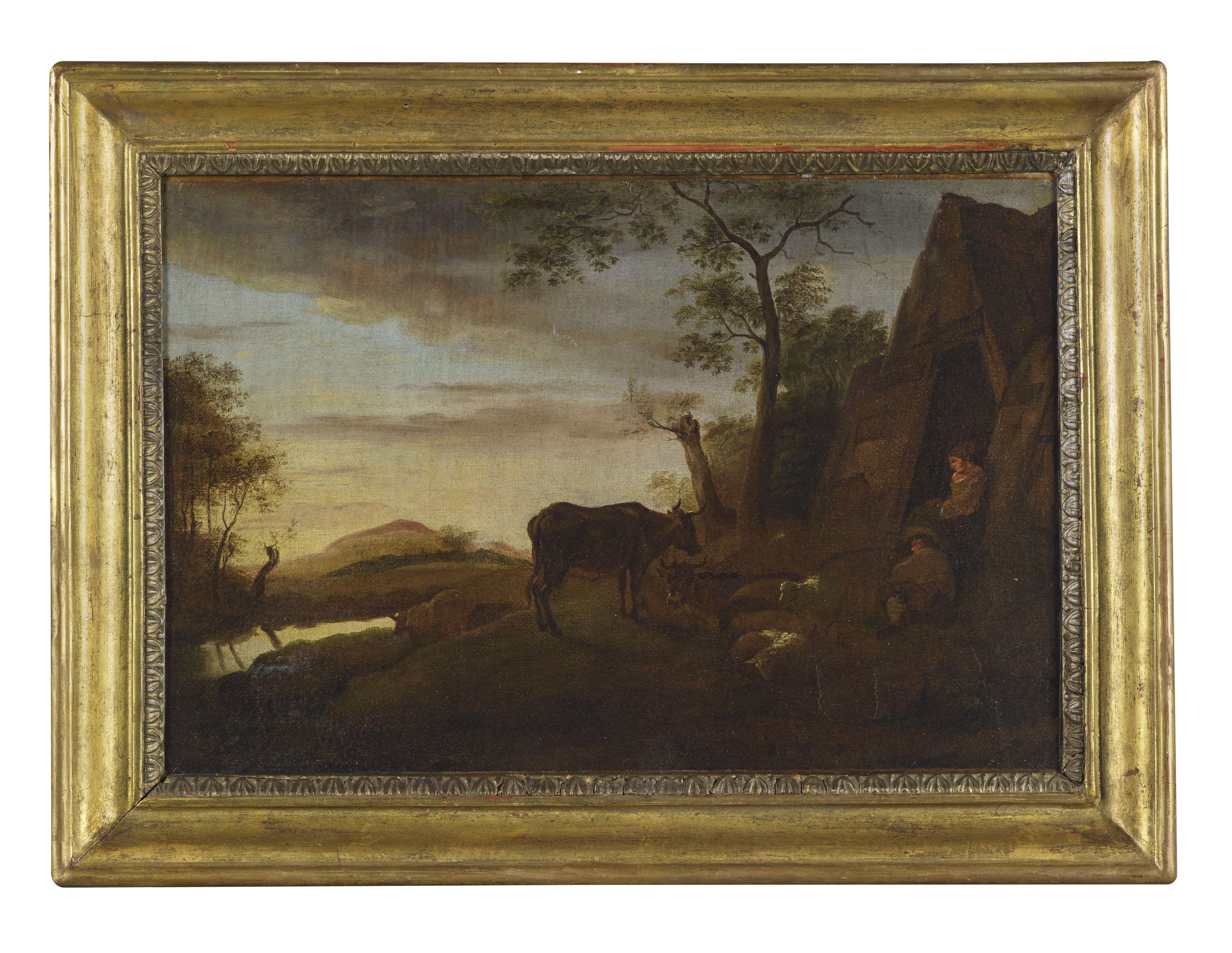 Landscape Painting Unknown - Paysage du XVIIIe siècle de l'école flamande Gens et vaches Huile sur toile verte