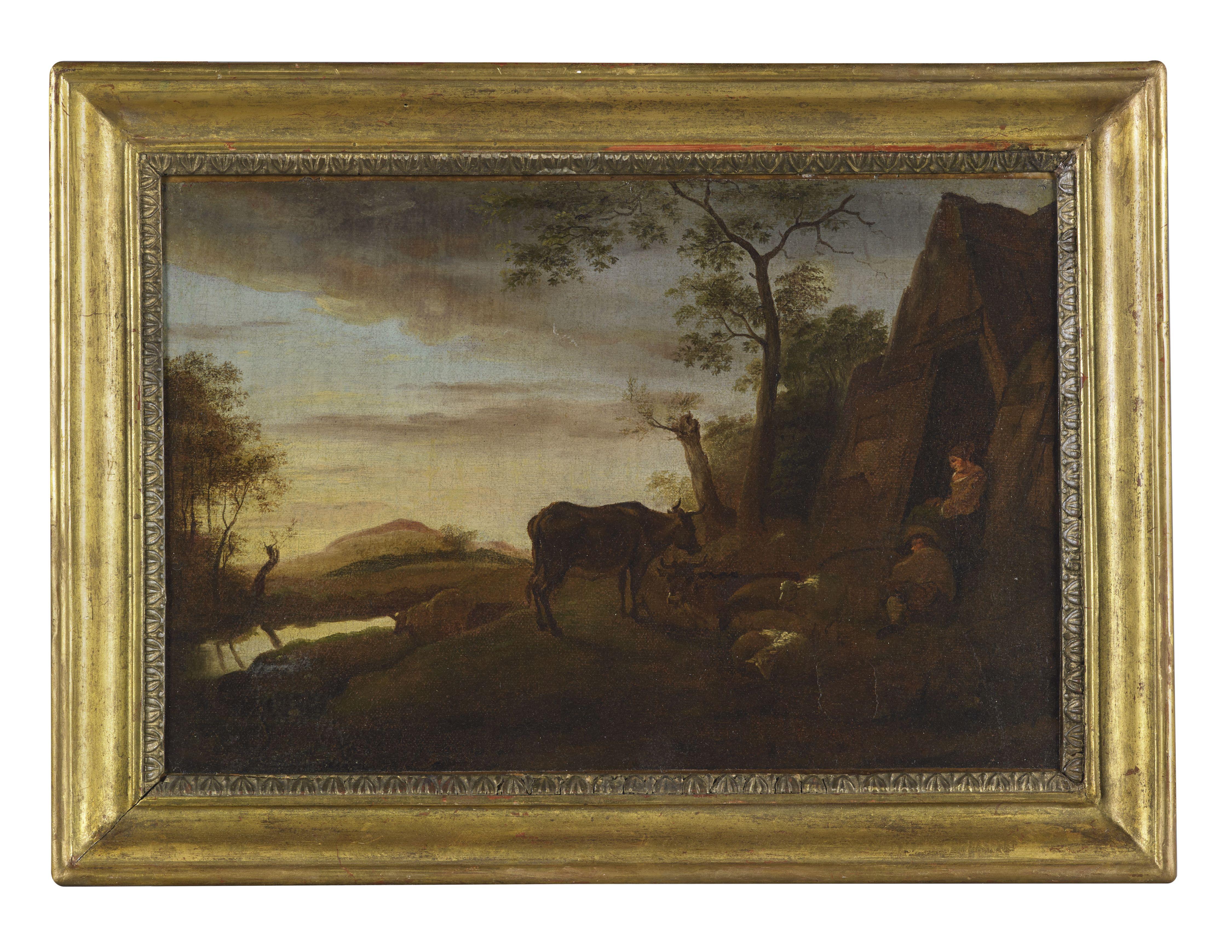 Paisaje de la escuela flamenca del siglo XVIII Personas y vacas Óleo sobre lienzo Verde