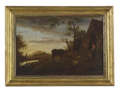 Antique 18th Century Landscape Flemish School People and Cows Oil on Canvas Green