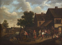 18th Century Landscape Flemish Scool Outdoor Peasant Oil on Canvas Brown Blue
