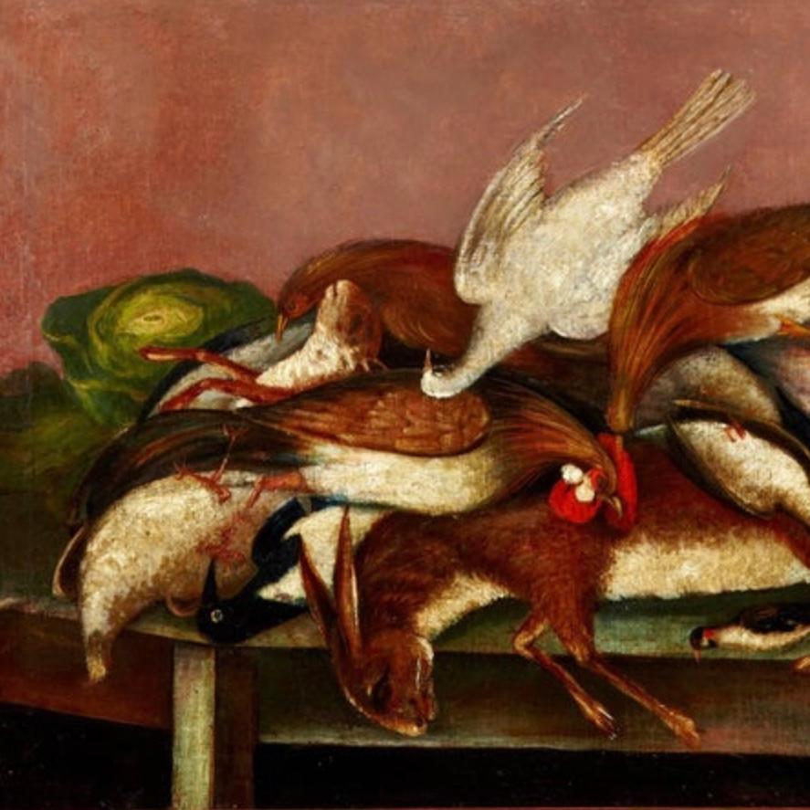 Frühe 18. Jahrhundert Museum Qualität Nature Morte Stillleben Niederländisch oder Französisch Ölgemälde.

Dieses Nature Morte Gemälde hat alle klassischen Attribute oder ein Meisterwerk, das verschiedene Wildtiere wie Hirsche, Kaninchen, Enten,