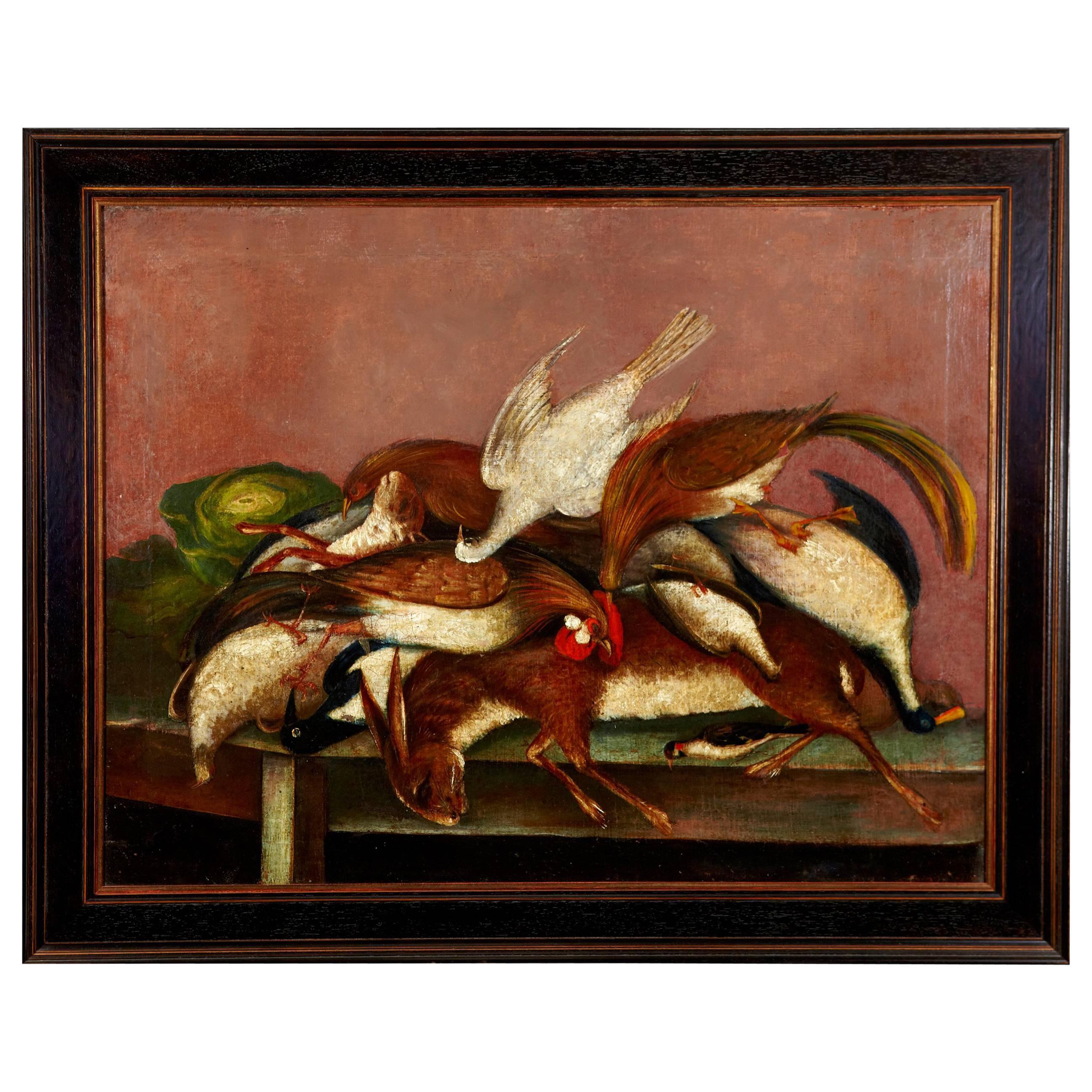 Early 18th century museum quality Nature Morte still life Dutch or French oil painting.

This Nature Morte painting has all the Classic attributes or a masterpiece showing various game animals such as deer, rabbit, duck, snipes, pigeon and a dove.