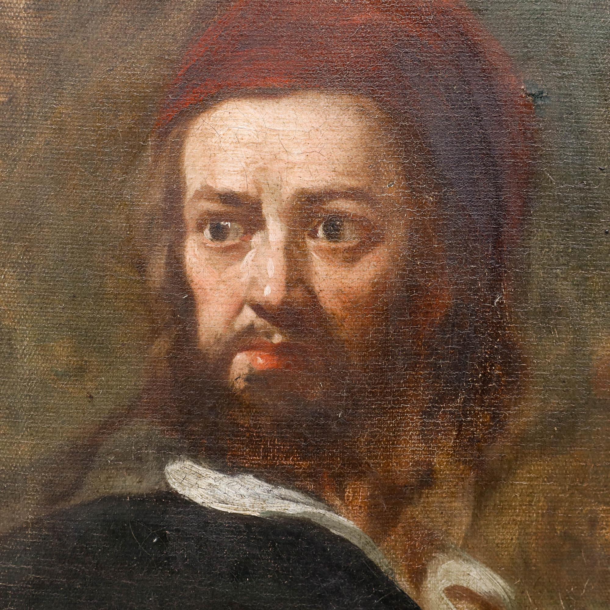 A striking portrait featuring a figure in 17th-century dress. He sports a red cap and dark clothing against a shadowy background, masterfully capturing the subject's intense gaze and facial features. Other faintly painted facial studies can be seen