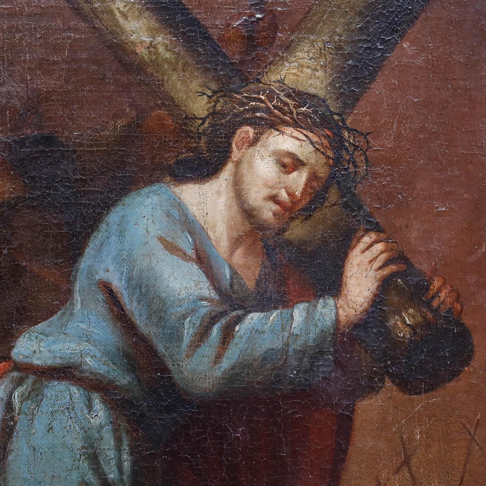 An evocative 18th-century depiction of Christ carrying the cross. The artist has depicted Christ with pallid skin and bloodshot eyes as he makes his way to his execution. Unsigned. Presented in a painted gilt frame. On canvas on stretchers.