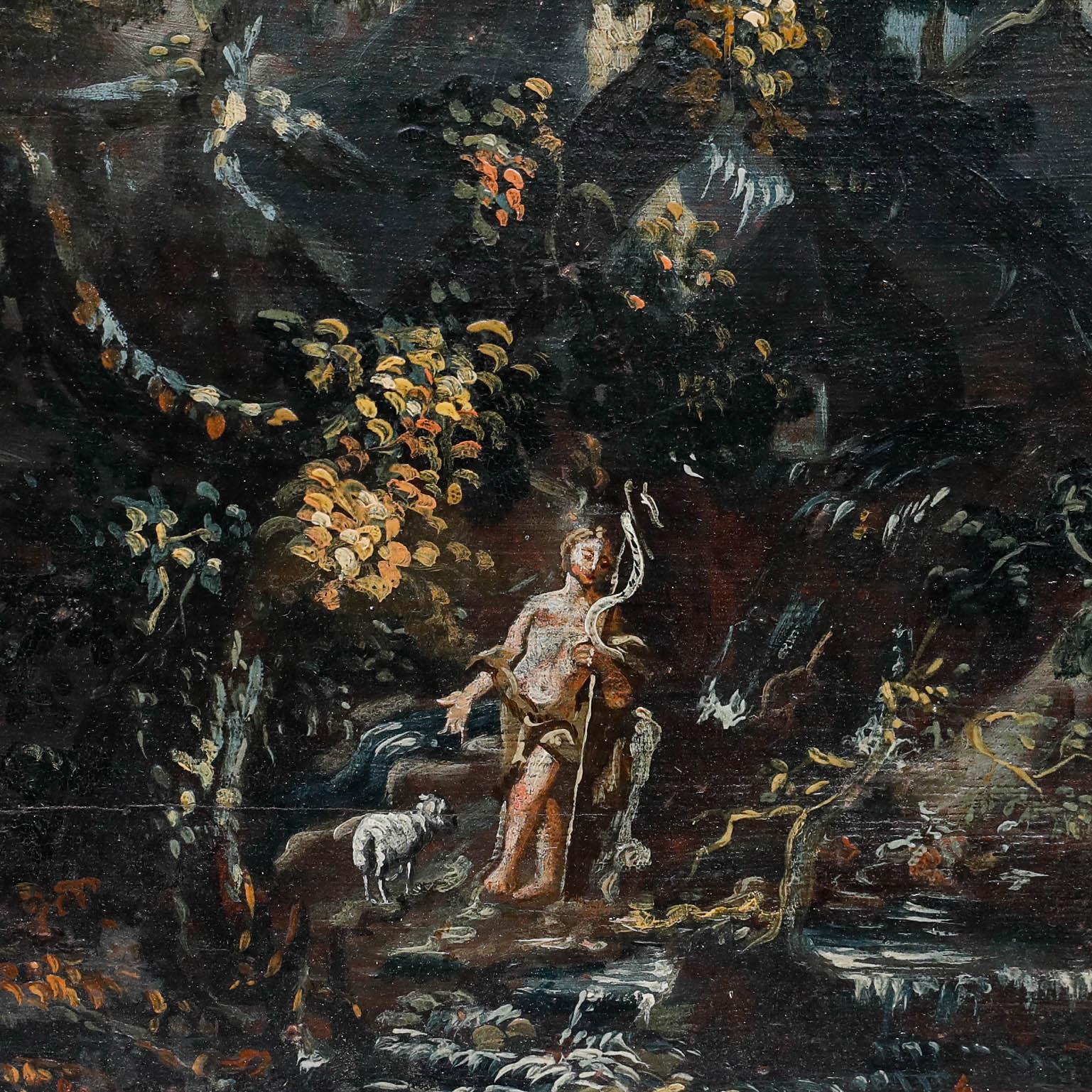 This dramatic landscape painting depicts John the Baptist and a lamb to symbolise his recognition of Jesus as the Son of God. The Saint and lamb are captured in a richly detailed forest scene with towering trees and rocky outcroppings rendered in