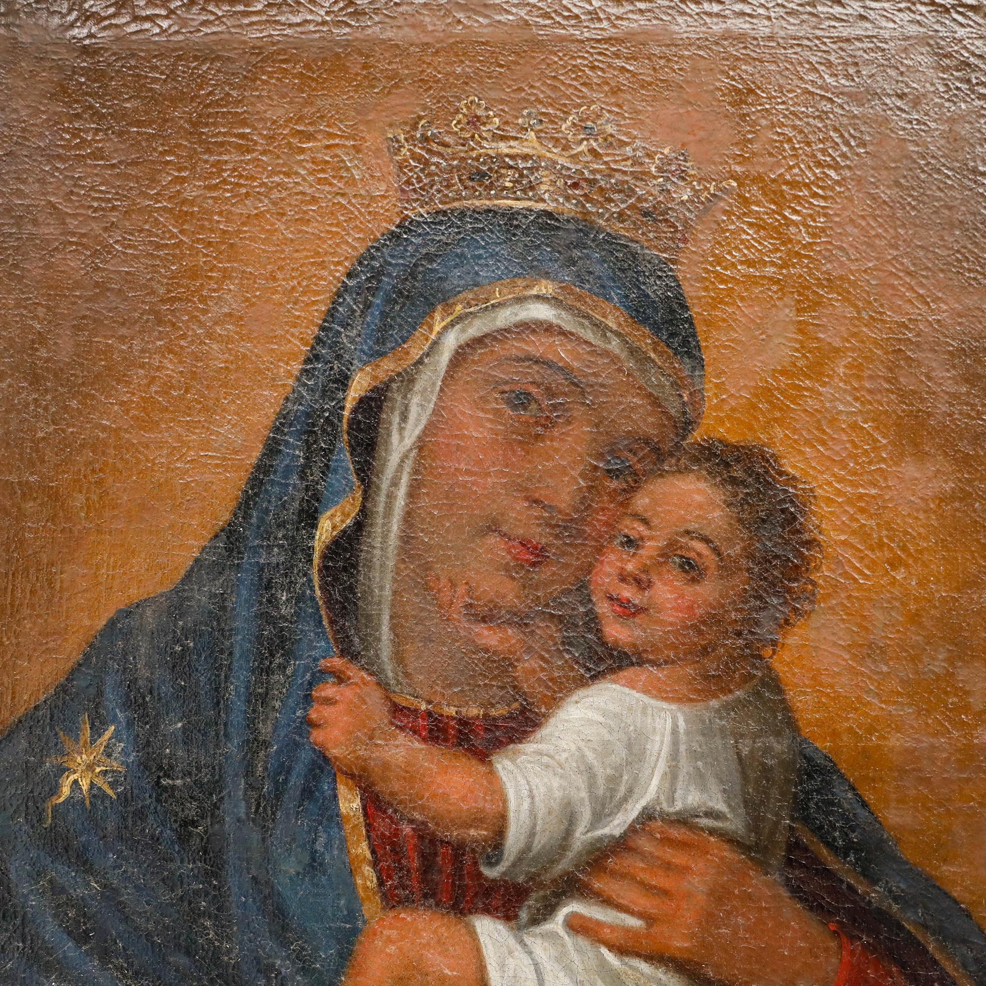 The Madonna, with a crown upon her head, holds the baby Jesus as both return the viewer's gaze. Unsigned. On canvas on stretchers.