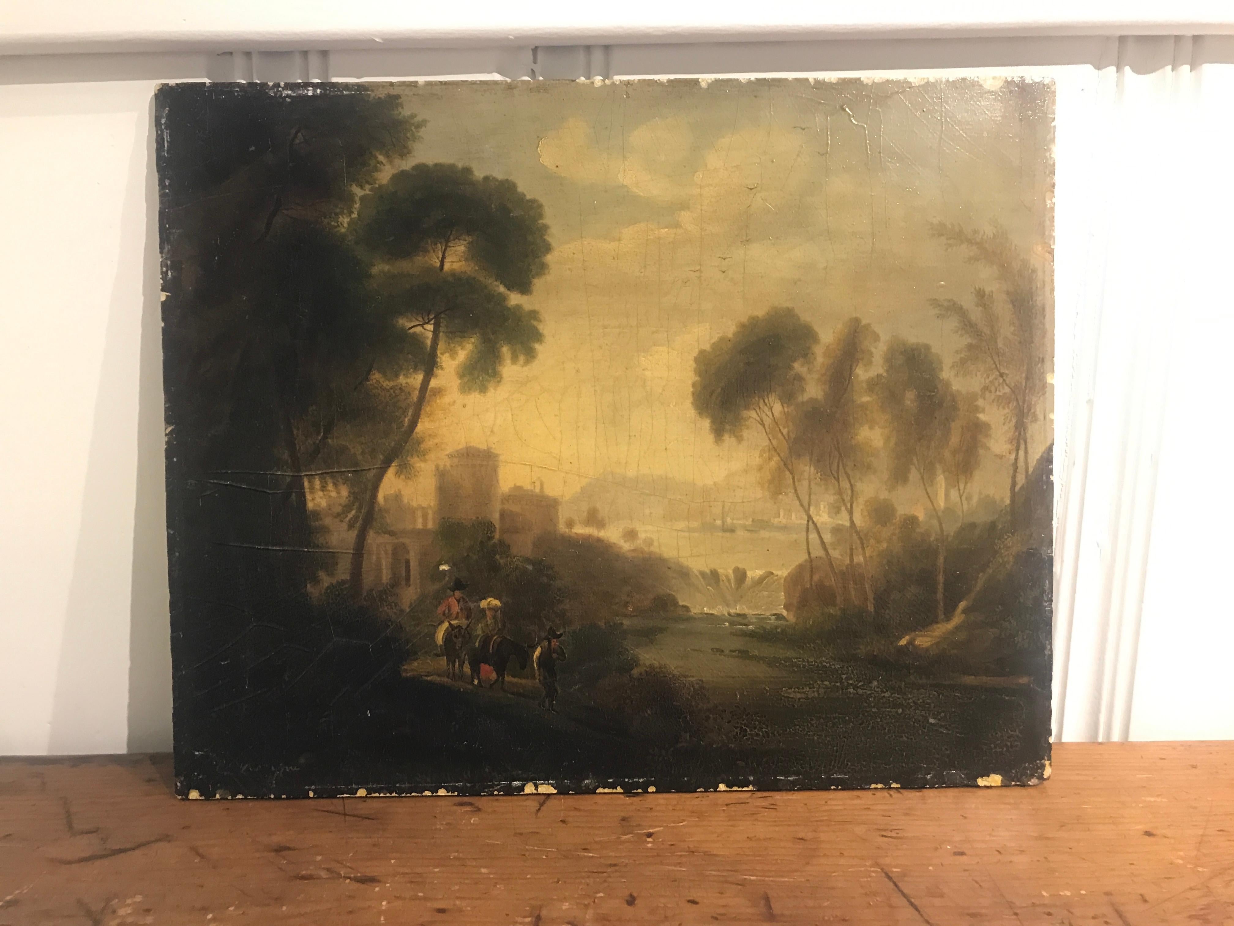 Italienische Landschaft in goldenem Lichtgemälde, Öl auf Karton, 18. Jahrhundert – Painting von Unknown