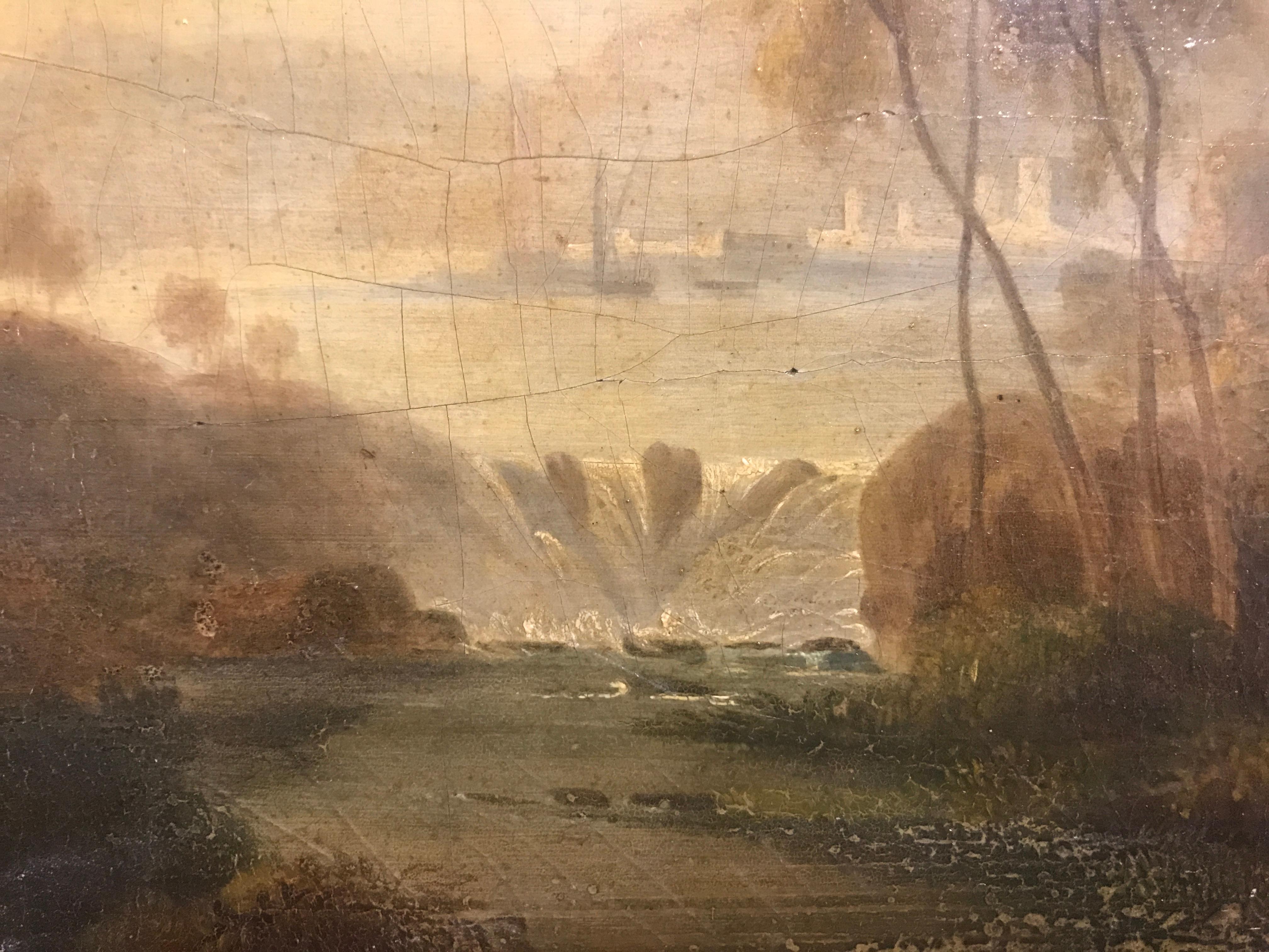 Peinture à l'huile sur panneau du 18ème siècle - Paysage italien peint à la lumière dorée 1