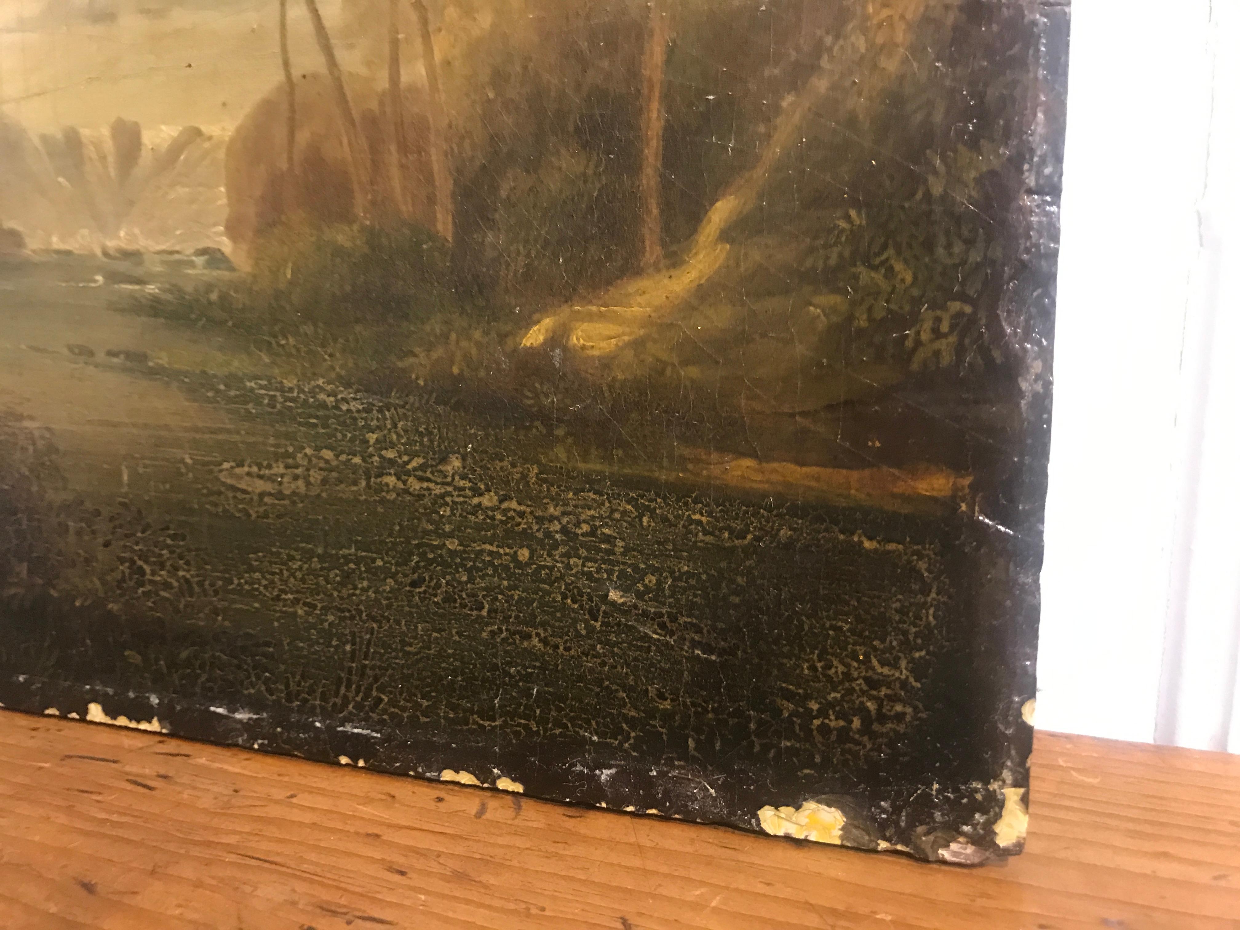 This small rectangular oil on board landscape painting was created in the 18th century and is unframed. Presenting a nicely weathered appearance witnessing its age and history, the painting features three figures wearing hats, traveling by foot or