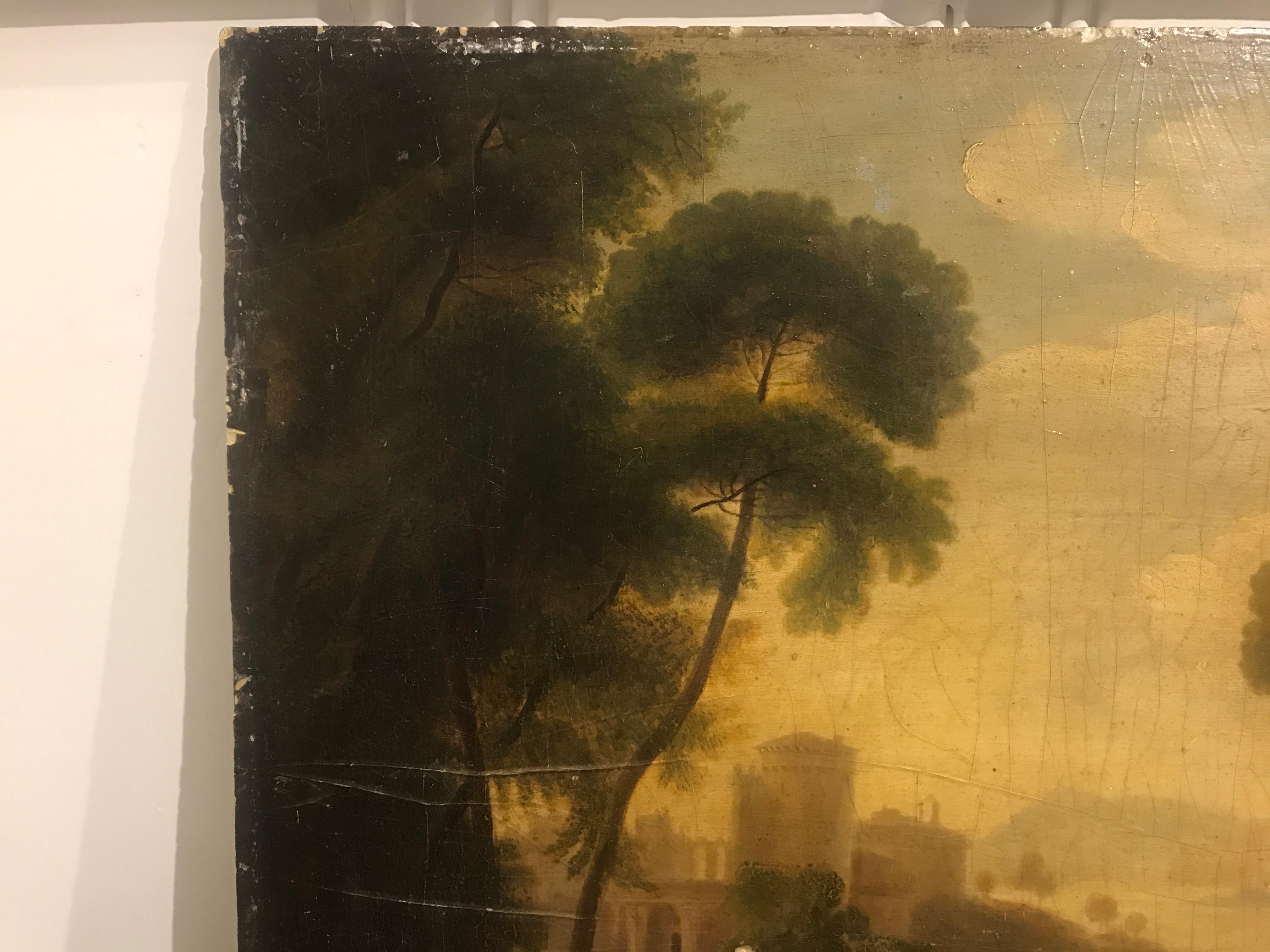 Peinture à l'huile sur panneau du 18ème siècle - Paysage italien peint à la lumière dorée 3